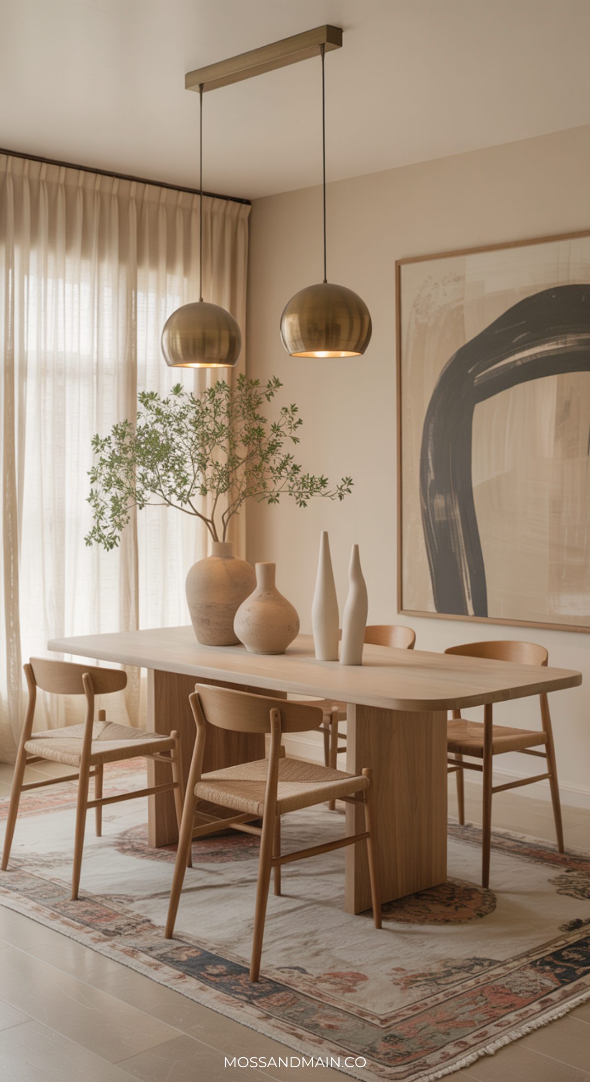 A modern, elegant dining room with a light wood table, four chairs, earthy decor accents, a green plant, abstract wall art, and brass pendant lights. Sheer curtains let in natural light for a warm, minimalist atmosphere.