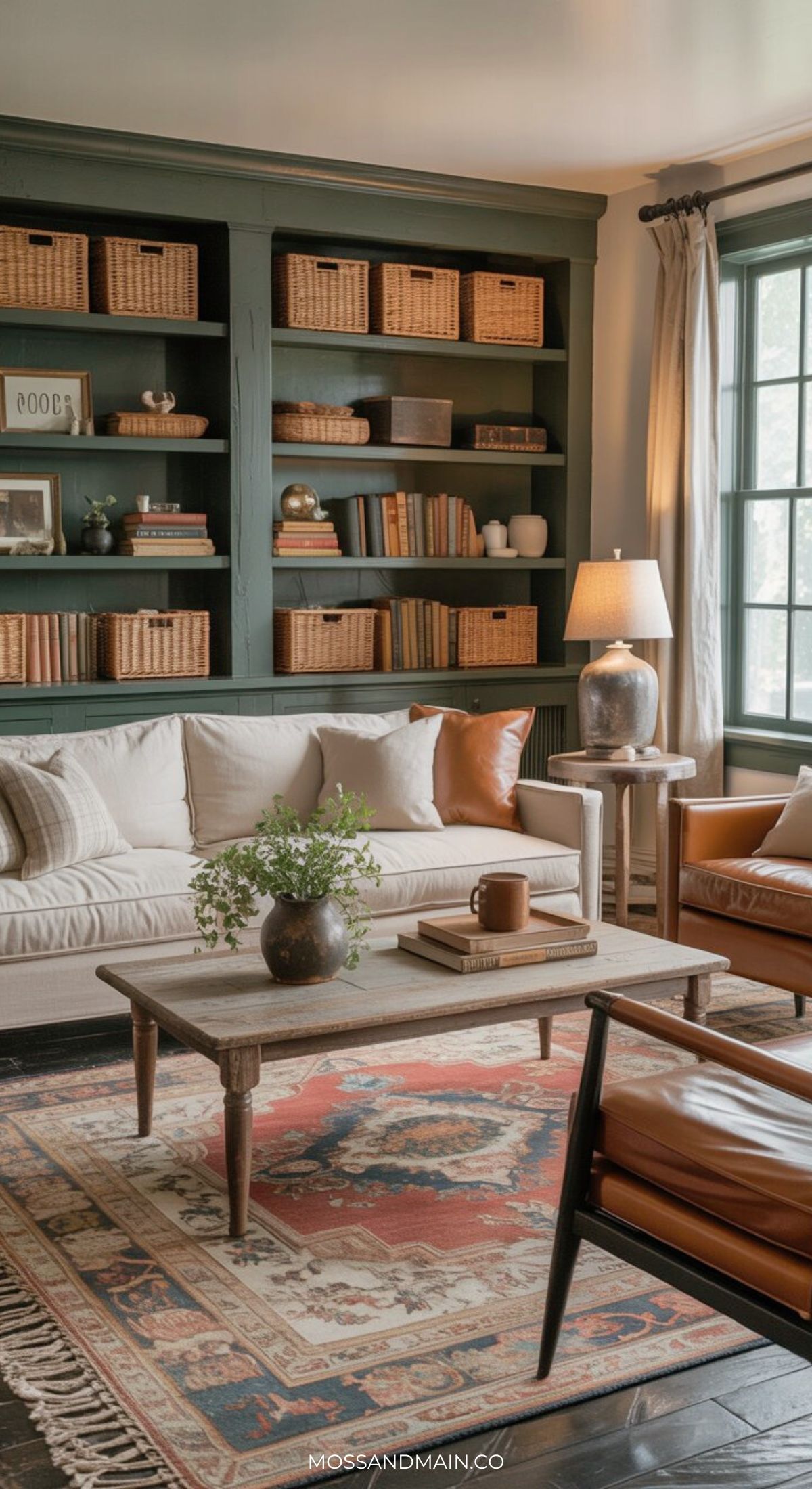 A cozy, earthy living room with a cream sofa, tan leather chair, wooden coffee table, patterned rug, and built-in shelves filled with books and wicker baskets. Large windows let in natural light; a lamp sits on a side table.