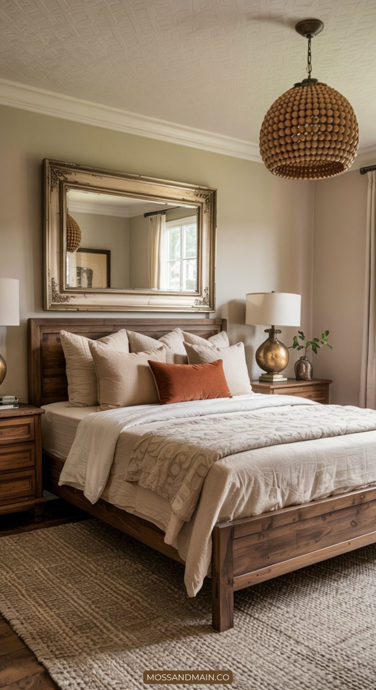 A cozy bedroom inspired by modern farmhouse bedrooms, featuring a wooden bed, neutral bedding, an orange accent pillow, and matching nightstands. Gold lamps and a beaded chandelier add warmth to this inviting space.