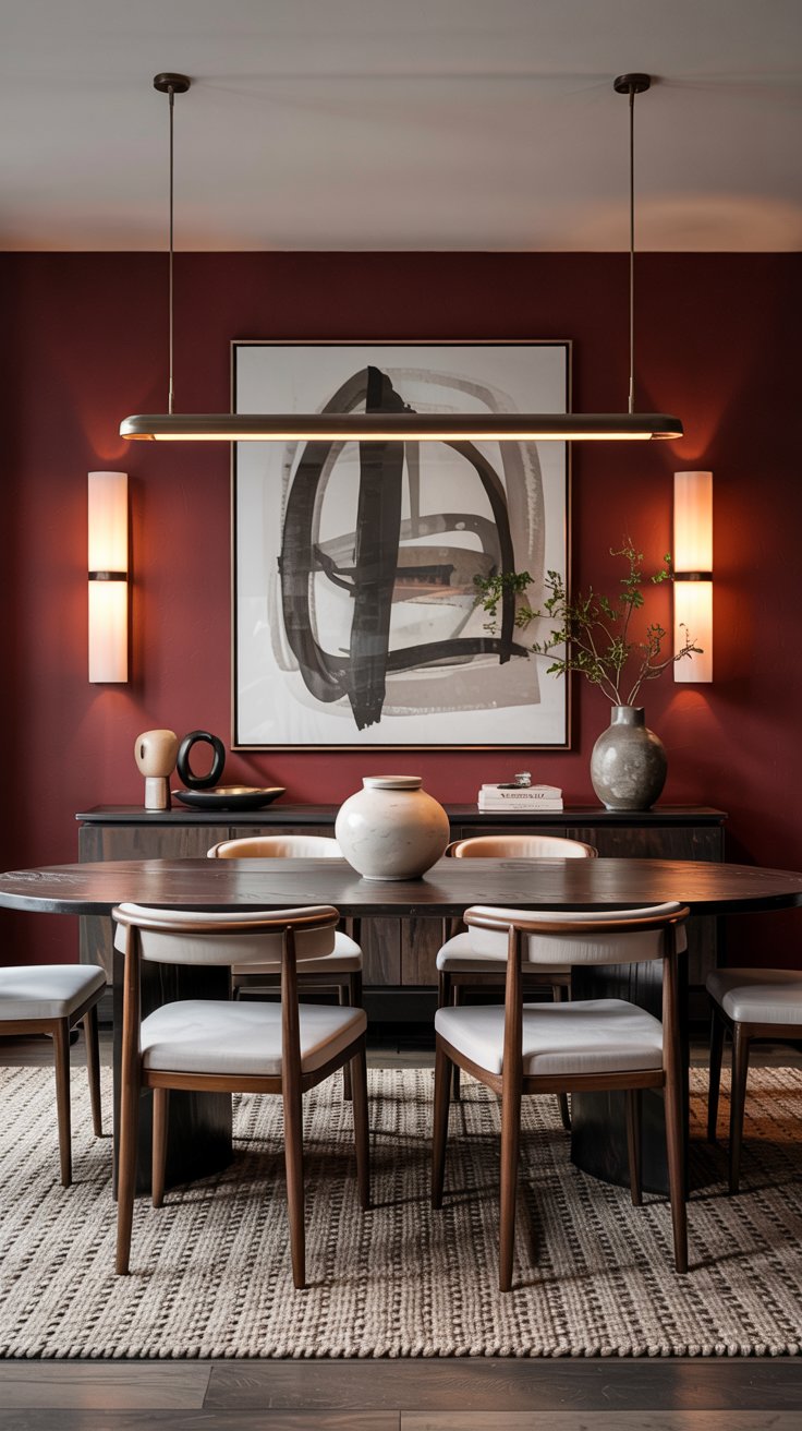 A modern Burgundy dining room with a dark wood table and chairs, a textured rug, and minimalist decor. Deep red walls feature abstract art, wall sconces, and ceramic vases on a sideboard. A linear pendant light completes the cozy dining room design.