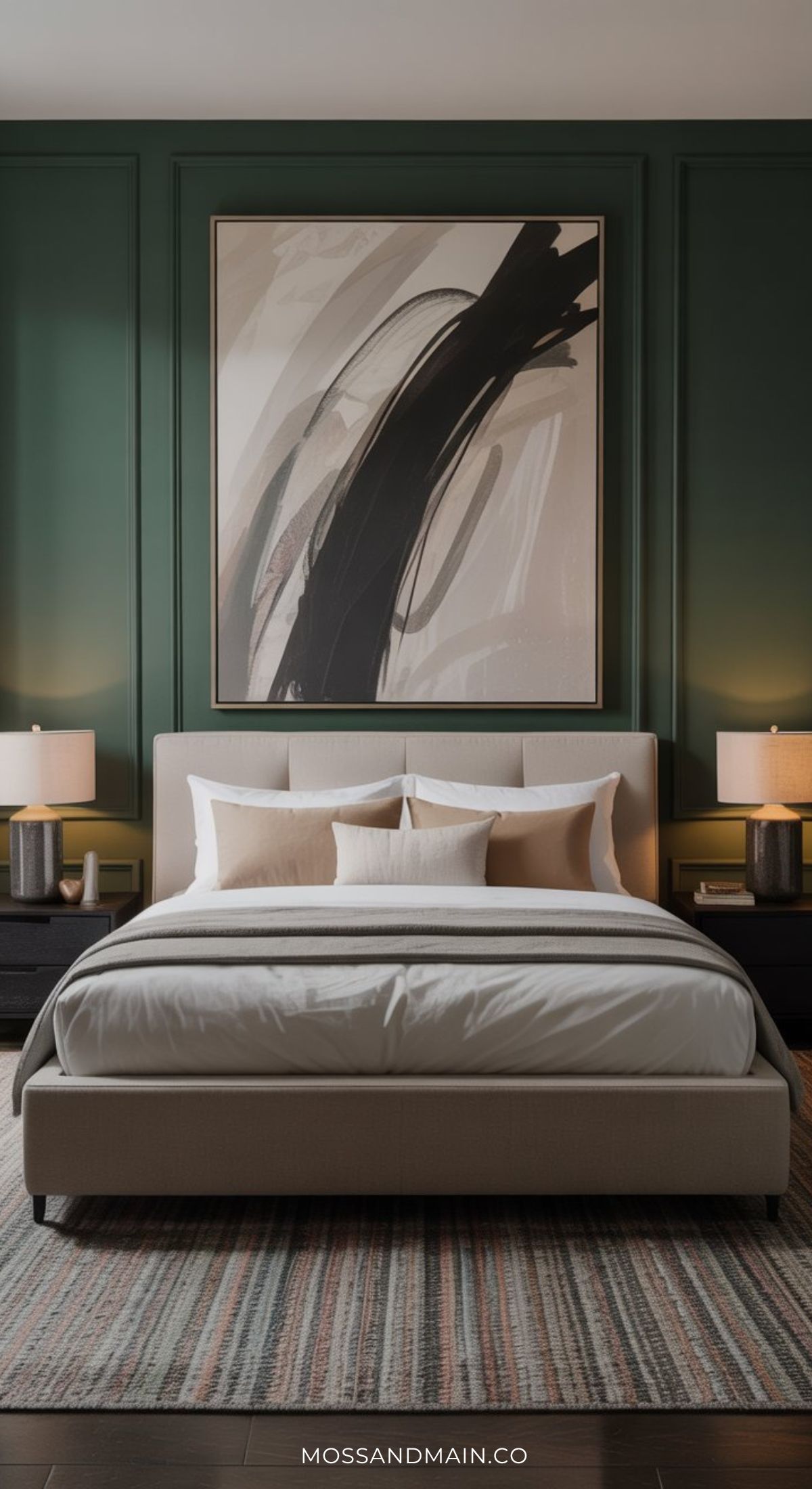 A modern dark green bedroom features a beige upholstered bed, white and beige bedding, two bedside tables with lamps, a striped rug, and a large abstract painting on the rich green wall.