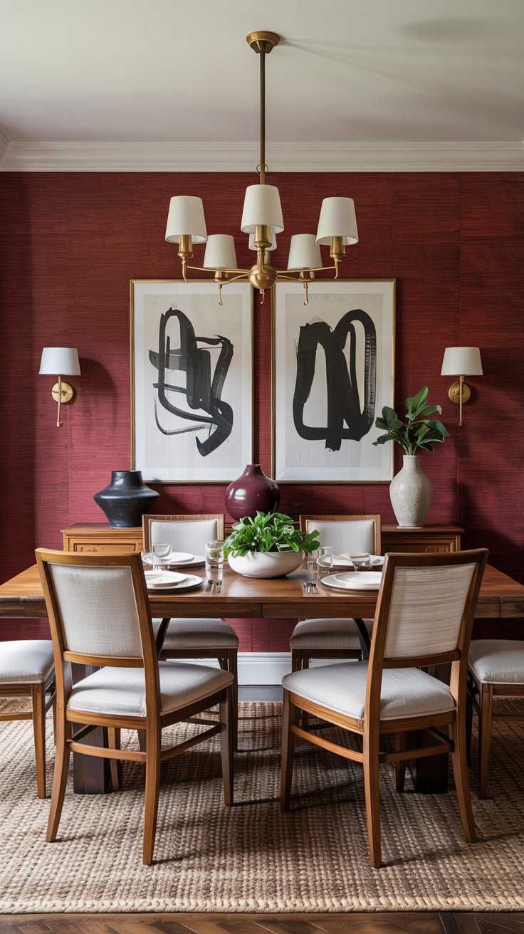 A cozy dining room boasts a wooden table, six cushioned chairs, abstract black-and-white art on a red textured wall, a gold chandelier, wall sconces, and decorative vases with greenery—perfect for standout dining room designs.