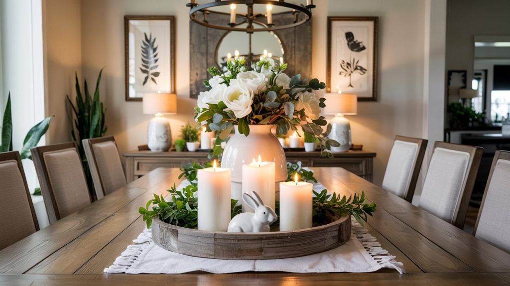 A wooden dining table with a white runner showcases an elegant Easter centerpiece: a tray of lit candles, a ceramic bunny, greenery, and white flowers. Neutral decor, framed botanical art, and soft lighting complete the spring decor ambiance.