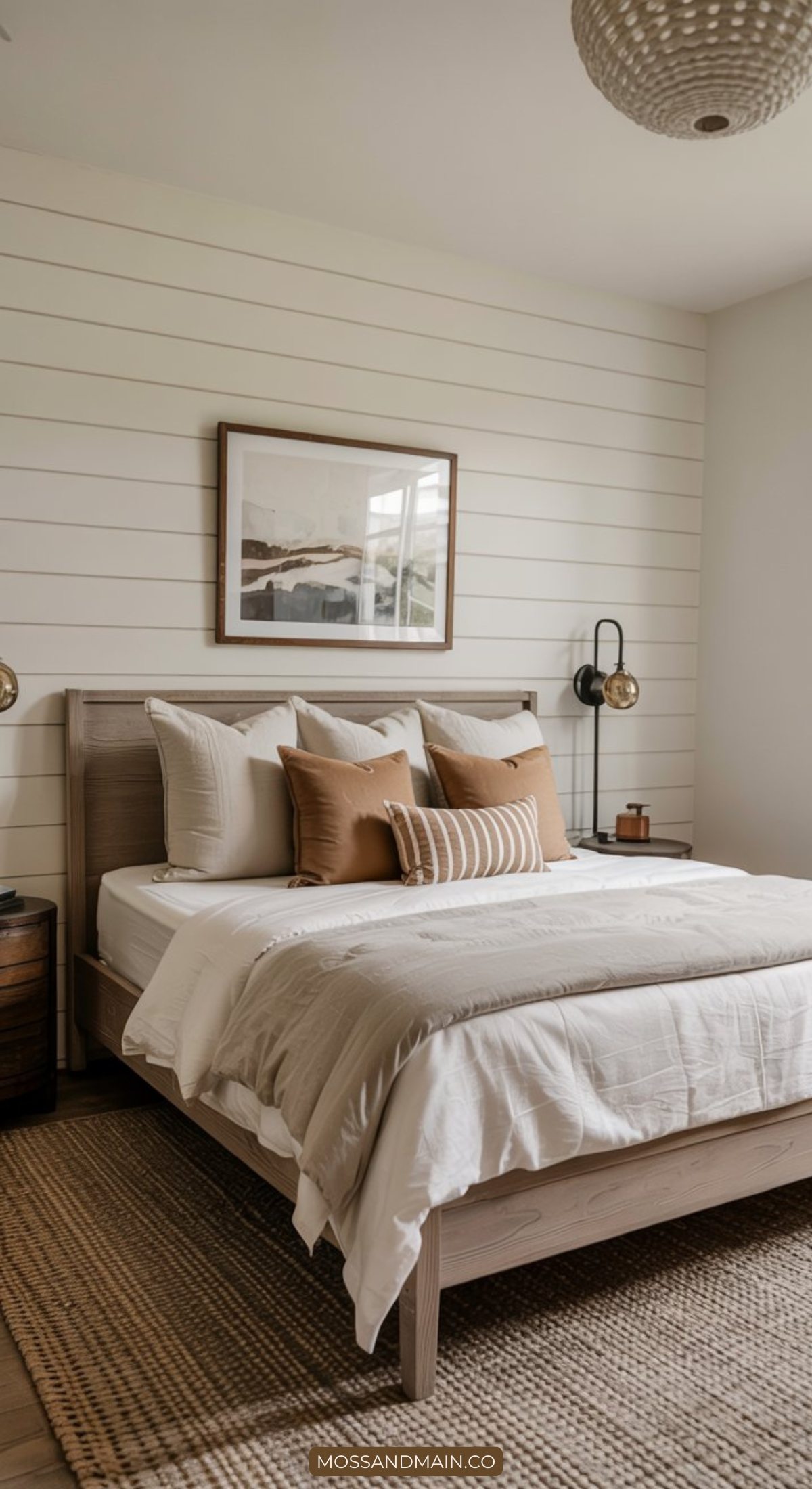 A cozy bedroom inspired by modern farmhouse bedrooms, featuring a light wood bed, white bedding, tan accent pillows, a woven rug, shiplap walls, wall sconces, and framed landscape art. Warm natural light fills the inviting space.