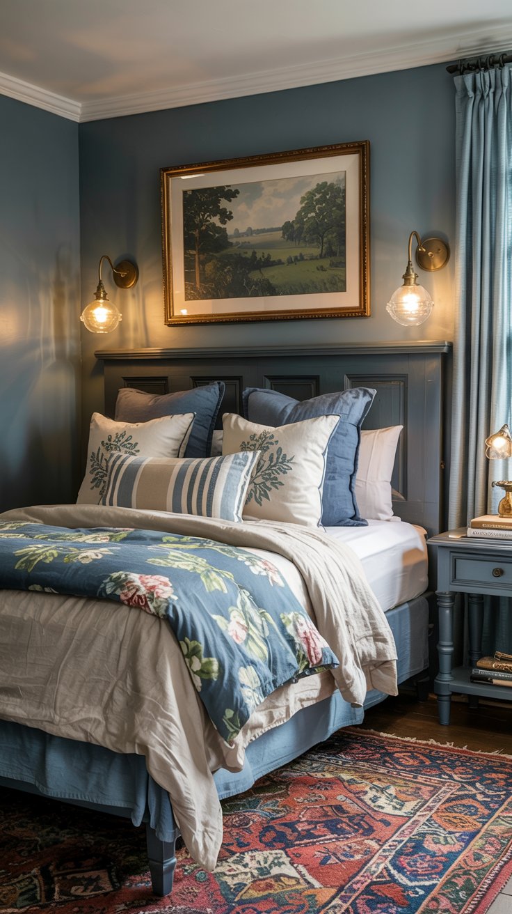A cozy blue cottagecore bedroom with a blue and beige color scheme, floral bedding, layered pillows, a nightstand with a lamp, charming wall art above the bed, and a patterned rug on the floor.