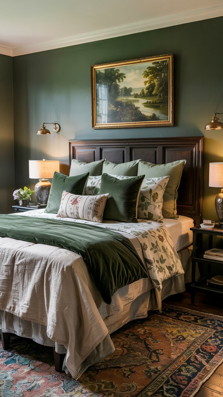 A cozy cottagecore bedroom with sage green walls, a bed adorned with green and patterned pillows, a floral comforter, bedside tables with lamps, a decorative rug, and a landscape painting above the headboard.