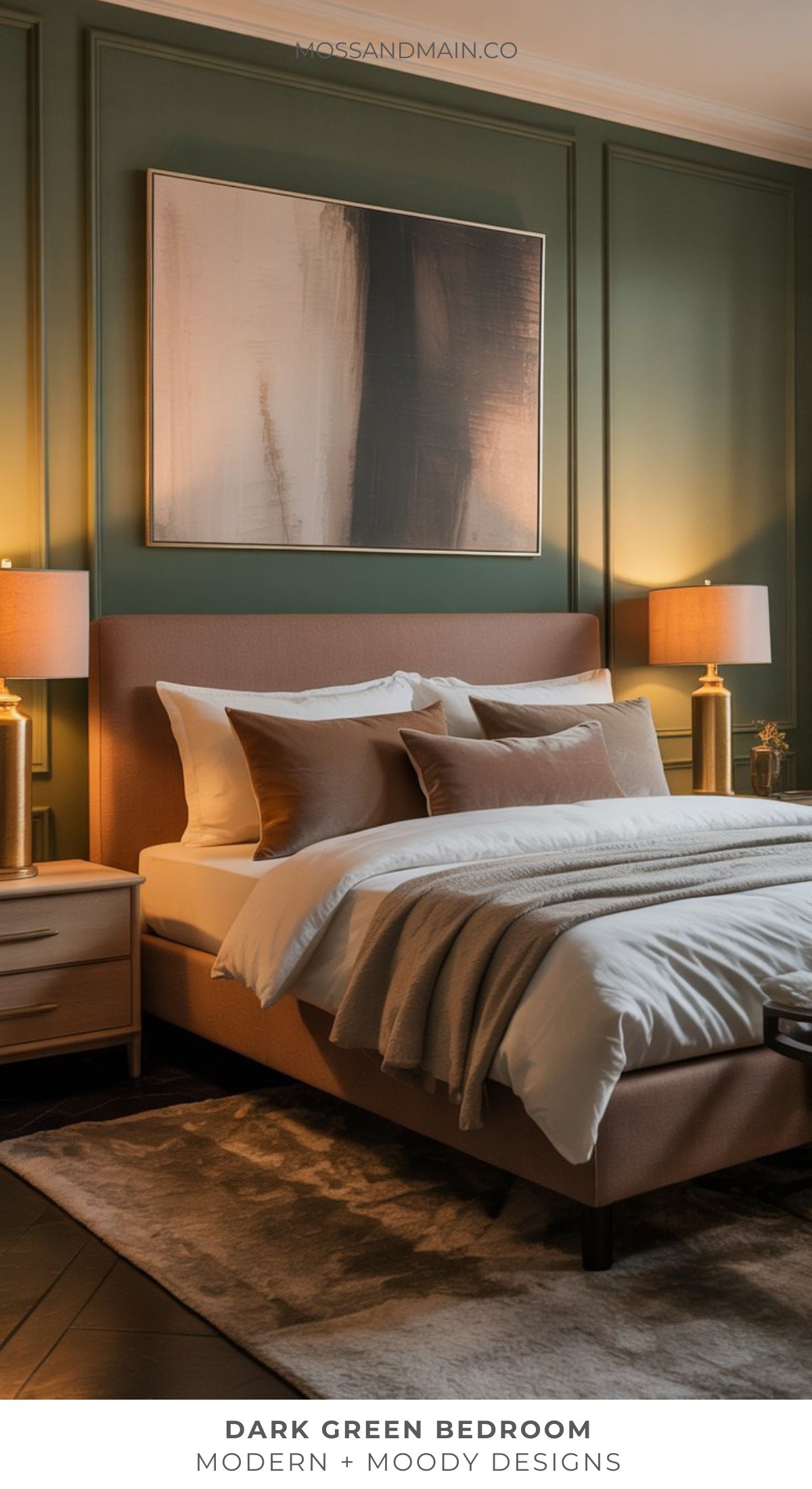 A modern Dark Green Bedroom featuring paneled walls, a large abstract painting, a tan upholstered bed with white and beige bedding, two nightstands, and matching table lamps. The lighting creates a cozy, moody atmosphere.
