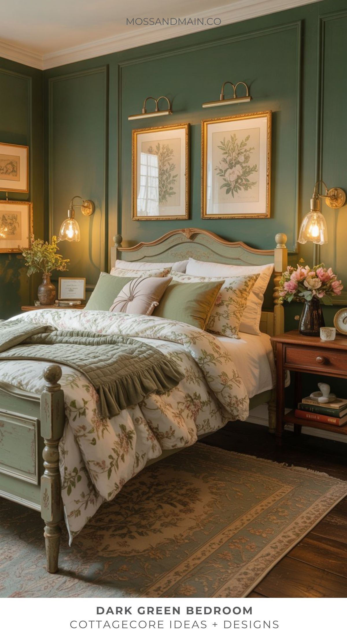 A cozy dark green bedroom features vintage floral bedding, wooden furniture, brass sconces, botanical prints, and fresh flowers—all styled in a charming cottagecore aesthetic. Text at the bottom reads: DARK GREEN BEDROOM COTTAGECORE IDEAS + DESIGNS.