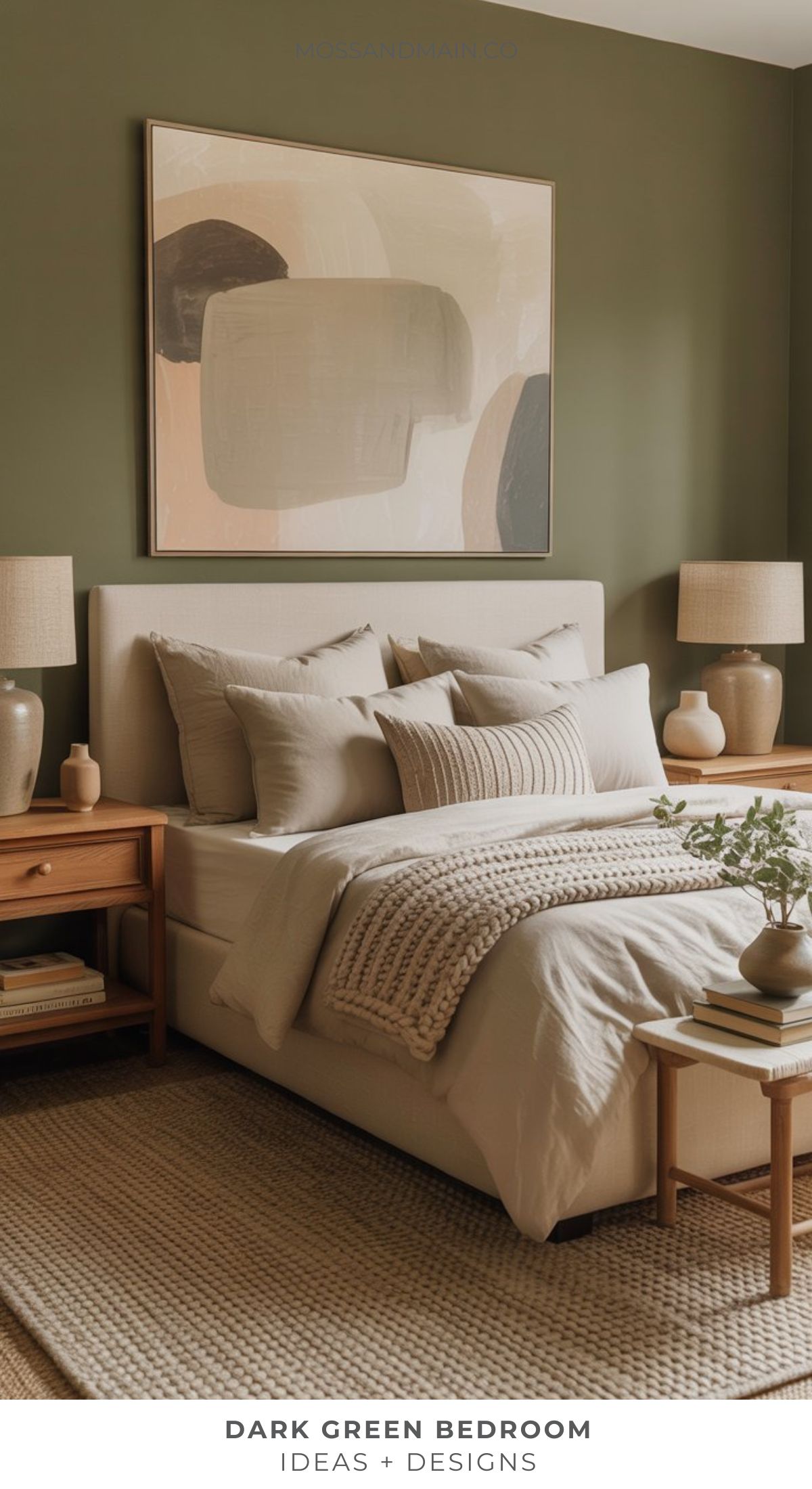 A cozy dark green bedroom with beige upholstered bed, neutral bedding, wooden nightstands with matching lamps, a textured rug, and abstract art above the headboard.
