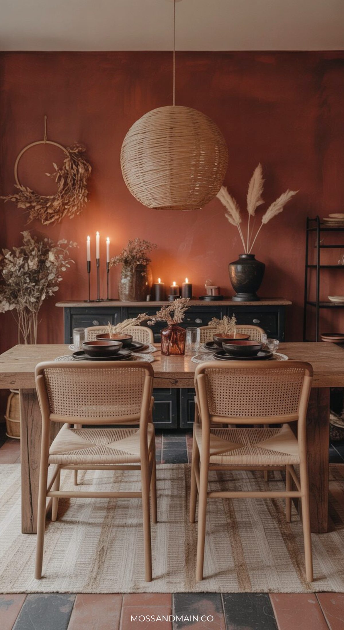 A cozy, earthy dining room with a wooden table and four wicker chairs set for dinner. A woven pendant light hangs above, while deep red walls, dried plants, and candles create a warm and stylish dining room atmosphere.