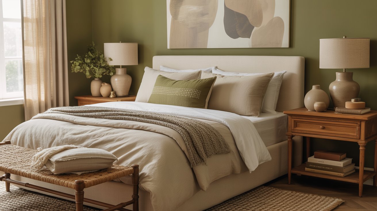 A cozy dark green bedroom with a beige upholstered bed, layered bedding in neutral tones, a green accent pillow, wooden nightstands with lamps, ceramic vases, a woven bench, and abstract art above the bed. Natural light streams in.