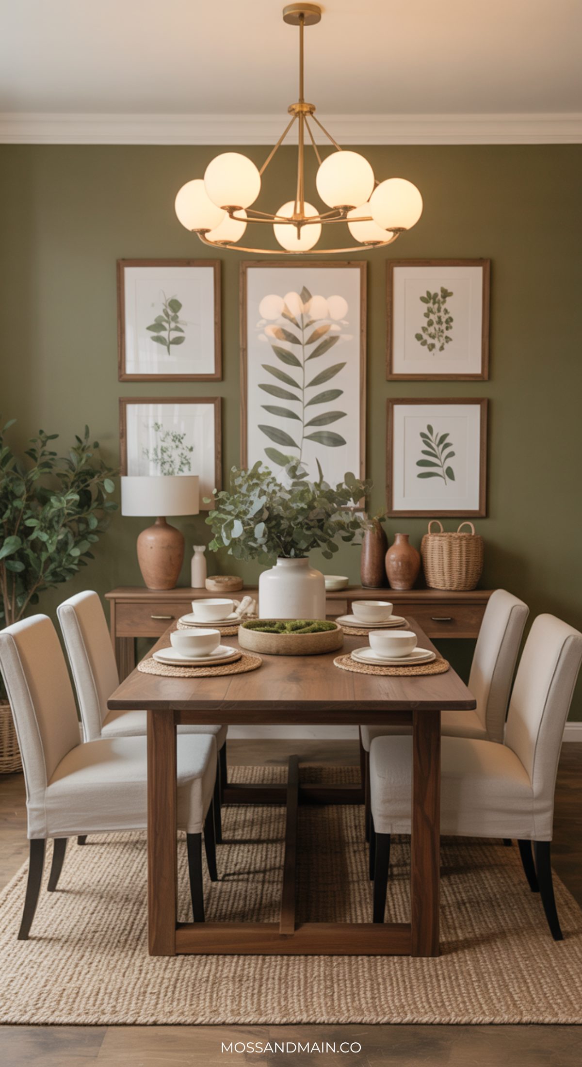 A modern dining room with a wooden table set for six, cream upholstered chairs, botanical wall art, green walls, houseplants, and a contemporary chandelier above—perfect inspiration for elegant dining rooms and stylish dining room decor.