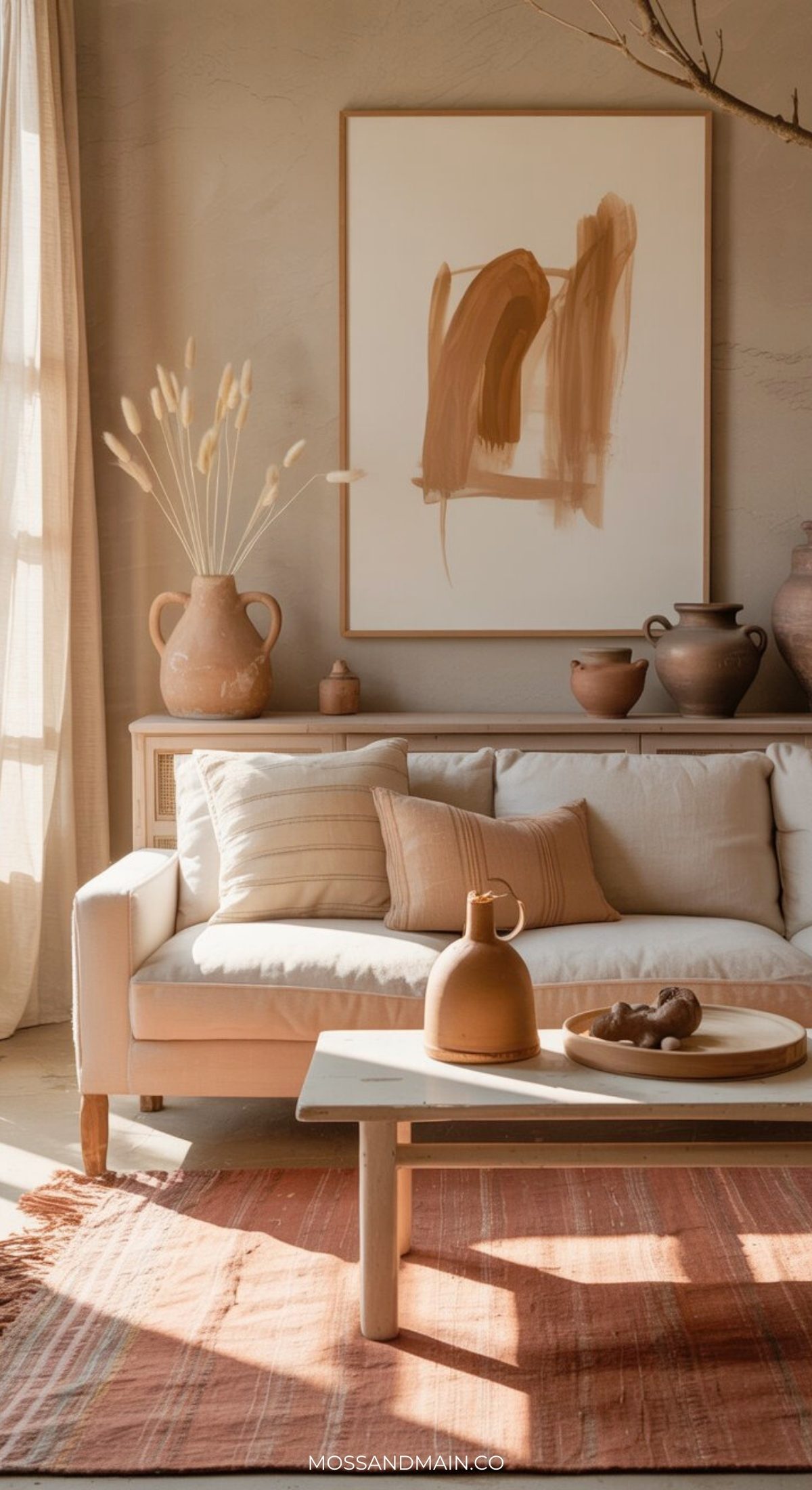 A sunlit, cozy living room features a beige sofa with neutral pillows, a wooden coffee table with a ceramic jug, earthy-toned vases, abstract wall art, and a terracotta rug, creating a warm, minimalist atmosphere.