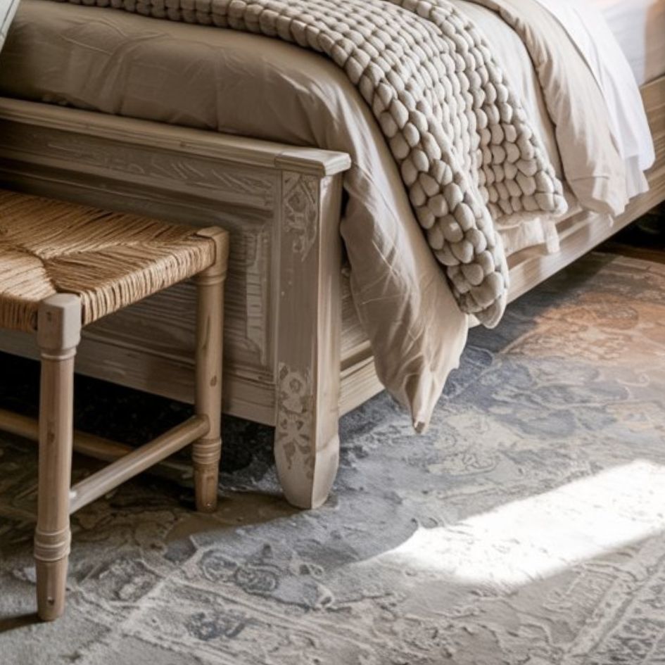 A cozy bedroom scene featuring the corner of a bed with beige bedding, a chunky knit blanket, and a woven bench. Sunlight streams in, illuminating the patterned rug and creating the inviting charm of modern farmhouse bedrooms.