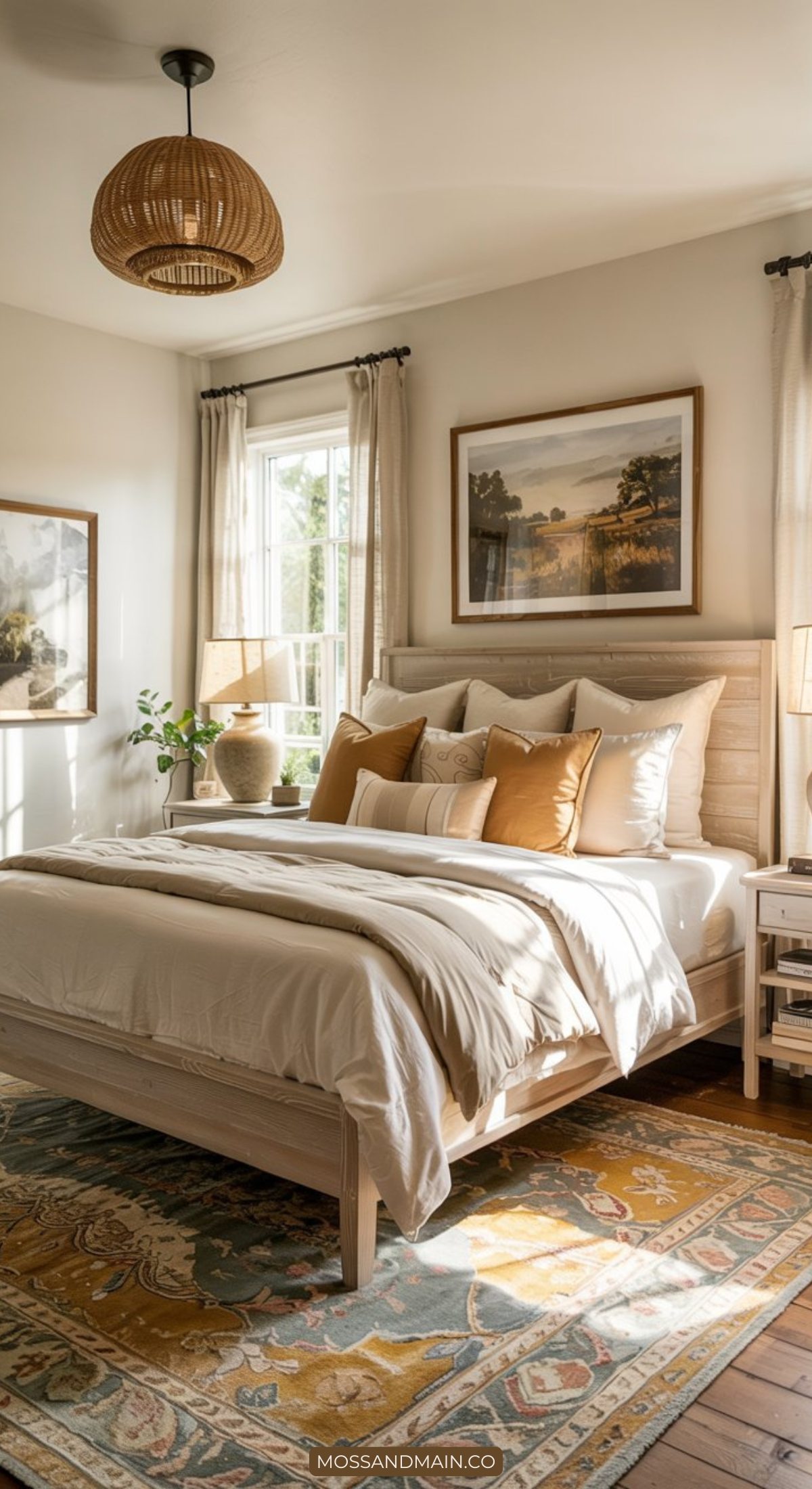 Bright, cozy bedroom with a wooden bed, layered white and mustard bedding, woven light fixture, sunrise landscape art, large window with light curtains—a perfect example of modern farmhouse bedrooms with a patterned gold rug and potted plant on wooden floors.