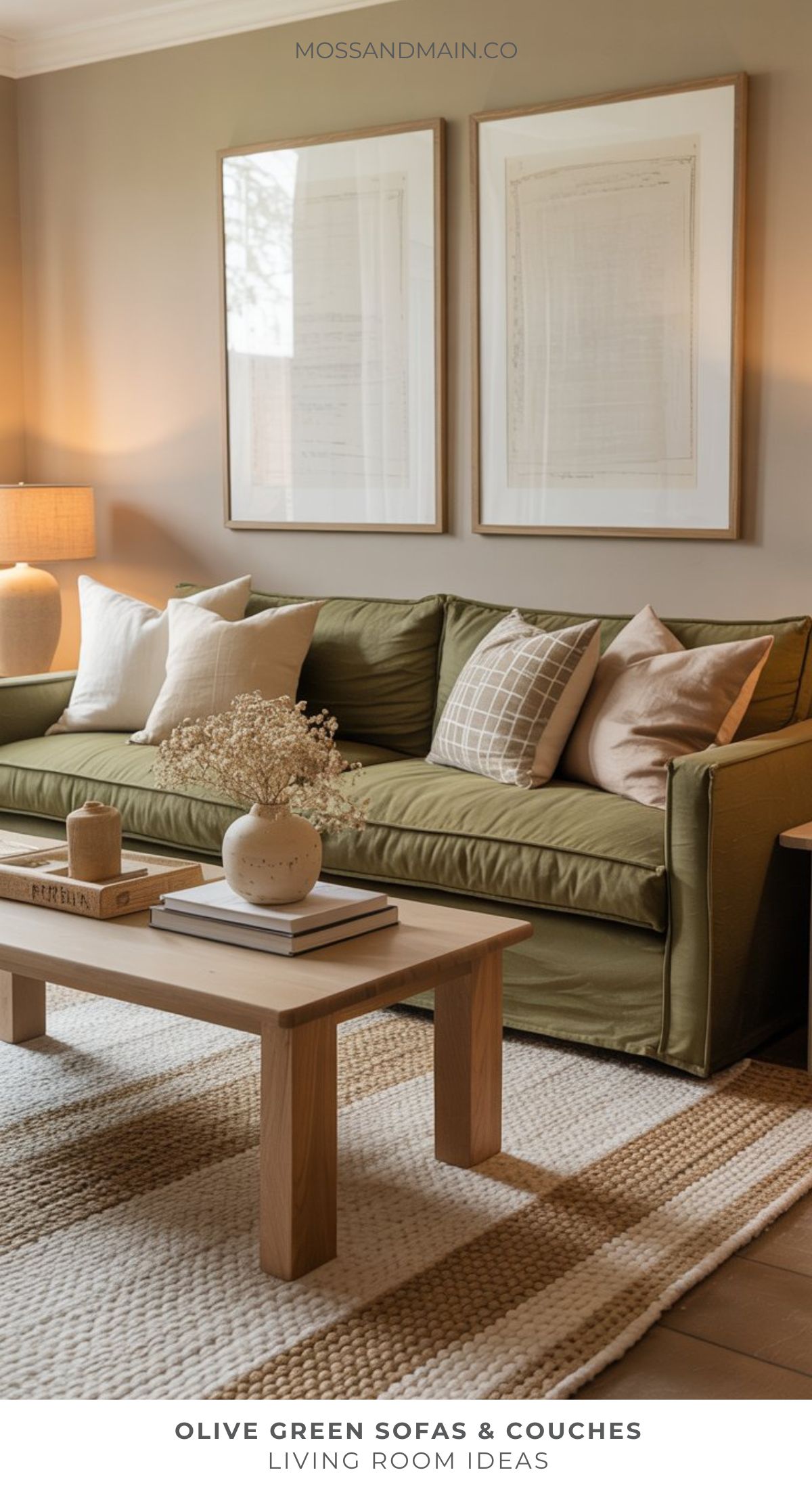 A cozy living room with an olive green sofa, neutral and plaid pillows, a light wood coffee table with books and dried flowers, a beige rug, and soft table lamp lighting. Designers often feature framed art for fresh living room ideas.