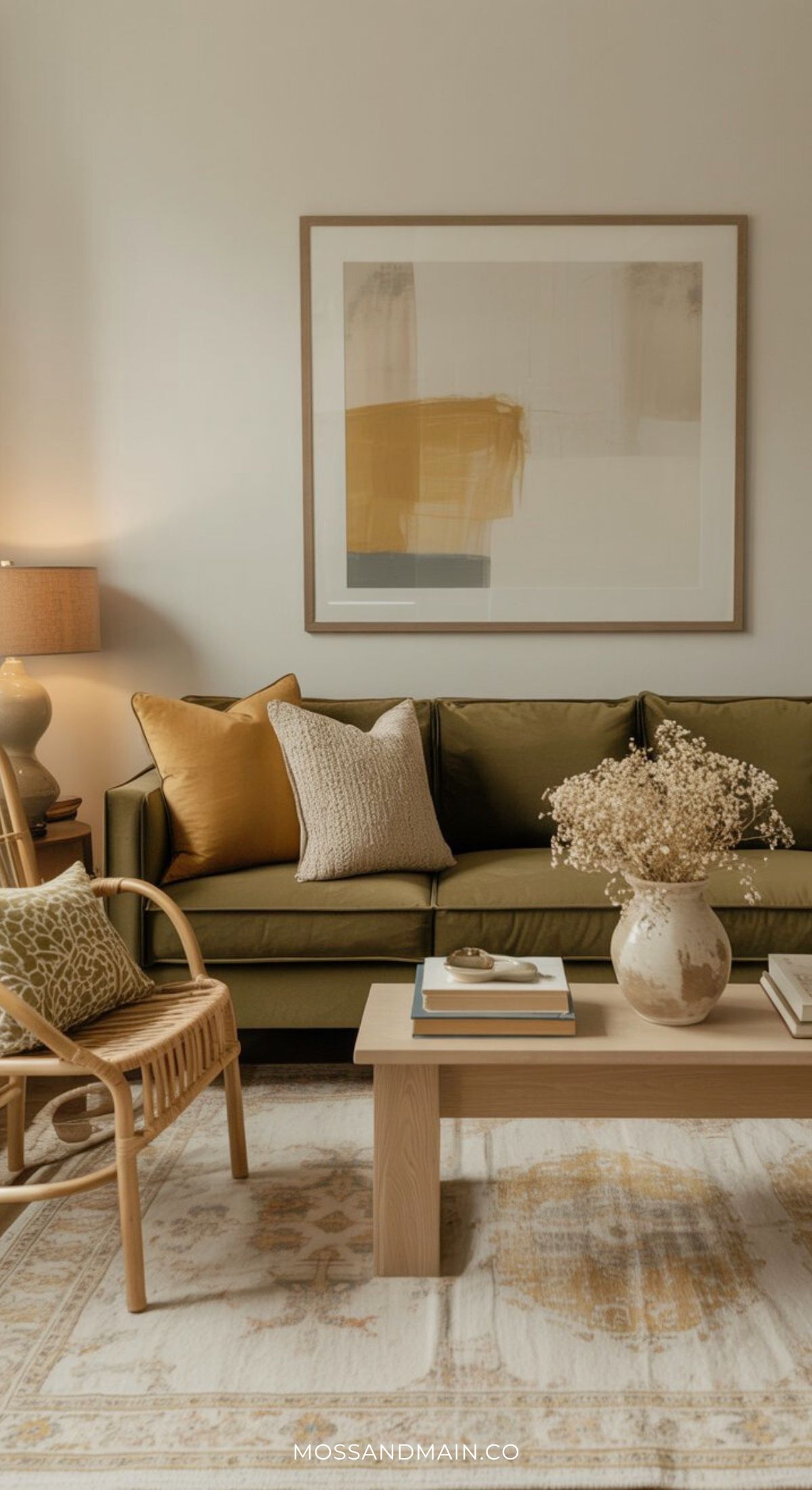 A cozy living room featuring an inviting olive green sofa, accented with yellow and patterned pillows, a rattan chair, wooden coffee table with books and a vase of dried flowers, abstract wall art, and warm neutral and mustard tones throughout.