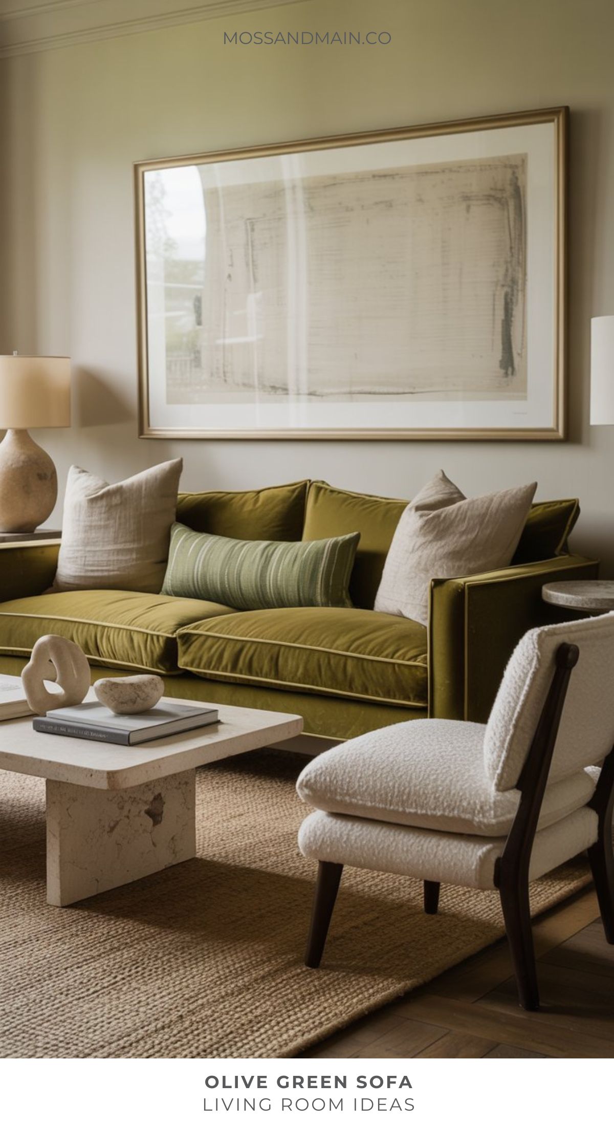 A stylish living room features an olive green sofa with neutral pillows, modern armchair, textured rug, stone coffee table, and large abstract art—perfect for fresh living room ideas and anyone passionate about interior design. Soft, natural lighting fills the space.