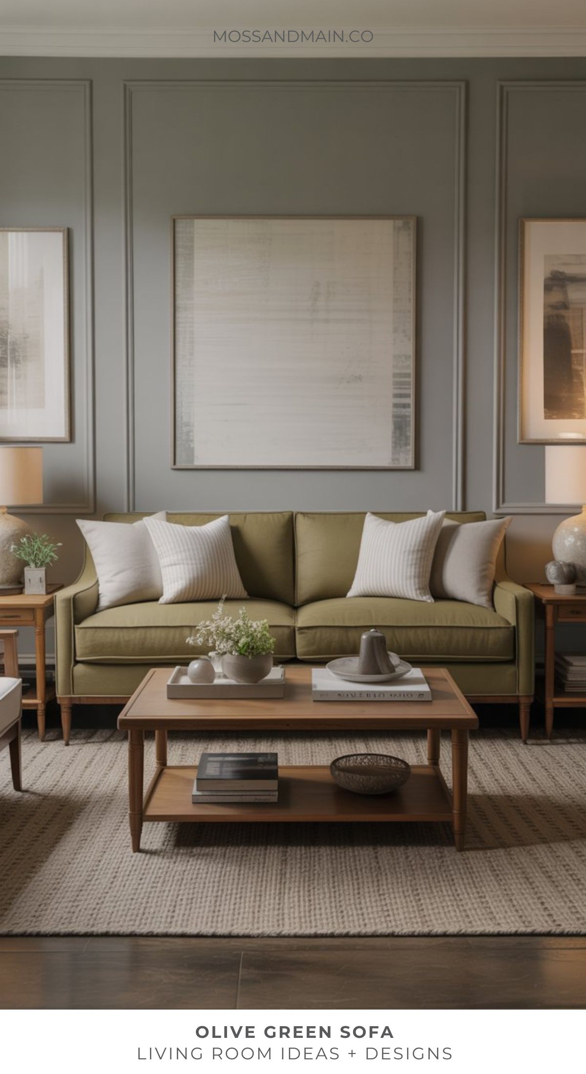 A living room with an olive green sofa, white and striped throw pillows, wooden coffee table, table lamps, artwork on gray paneled walls, and a textured rug—neutral, modern, and elegant decor inspired by top designers.