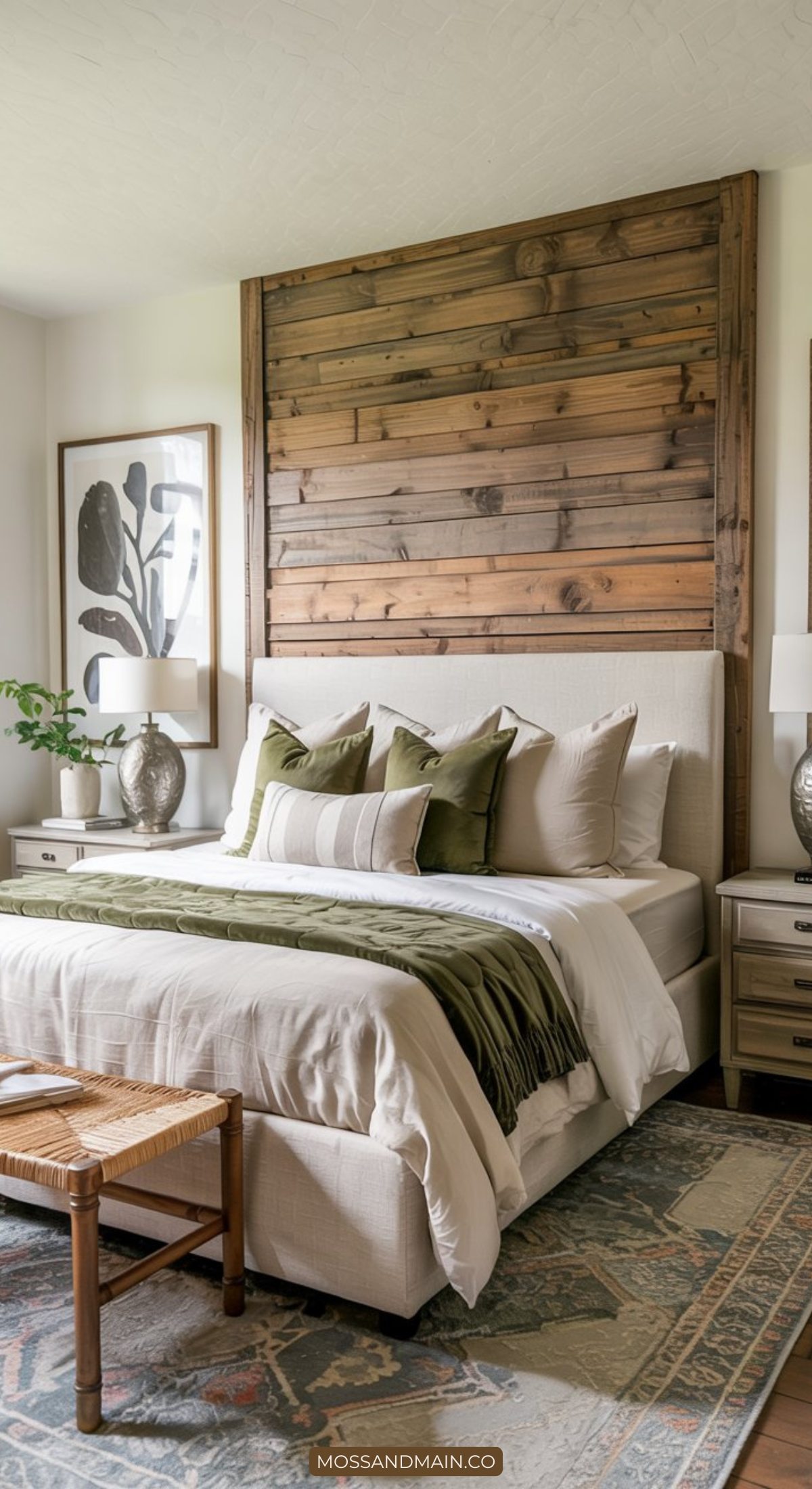 A cozy bedroom with a beige upholstered bed, green and white pillows, wooden accent wall, and bedside tables exudes the inviting charm of modern farmhouse bedrooms. Framed botanical art and natural light complete the warm and welcoming space.