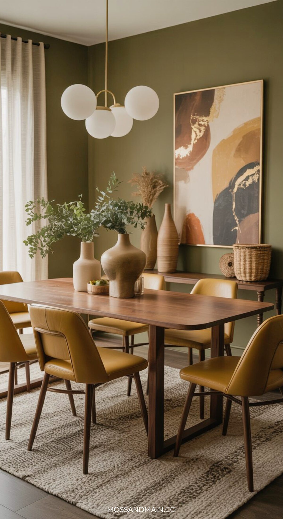 A modern, earthy dining room with a wooden table, six tan chairs, large vases with greenery, abstract wall art, and neutral decor against olive green walls and floor-length curtains.