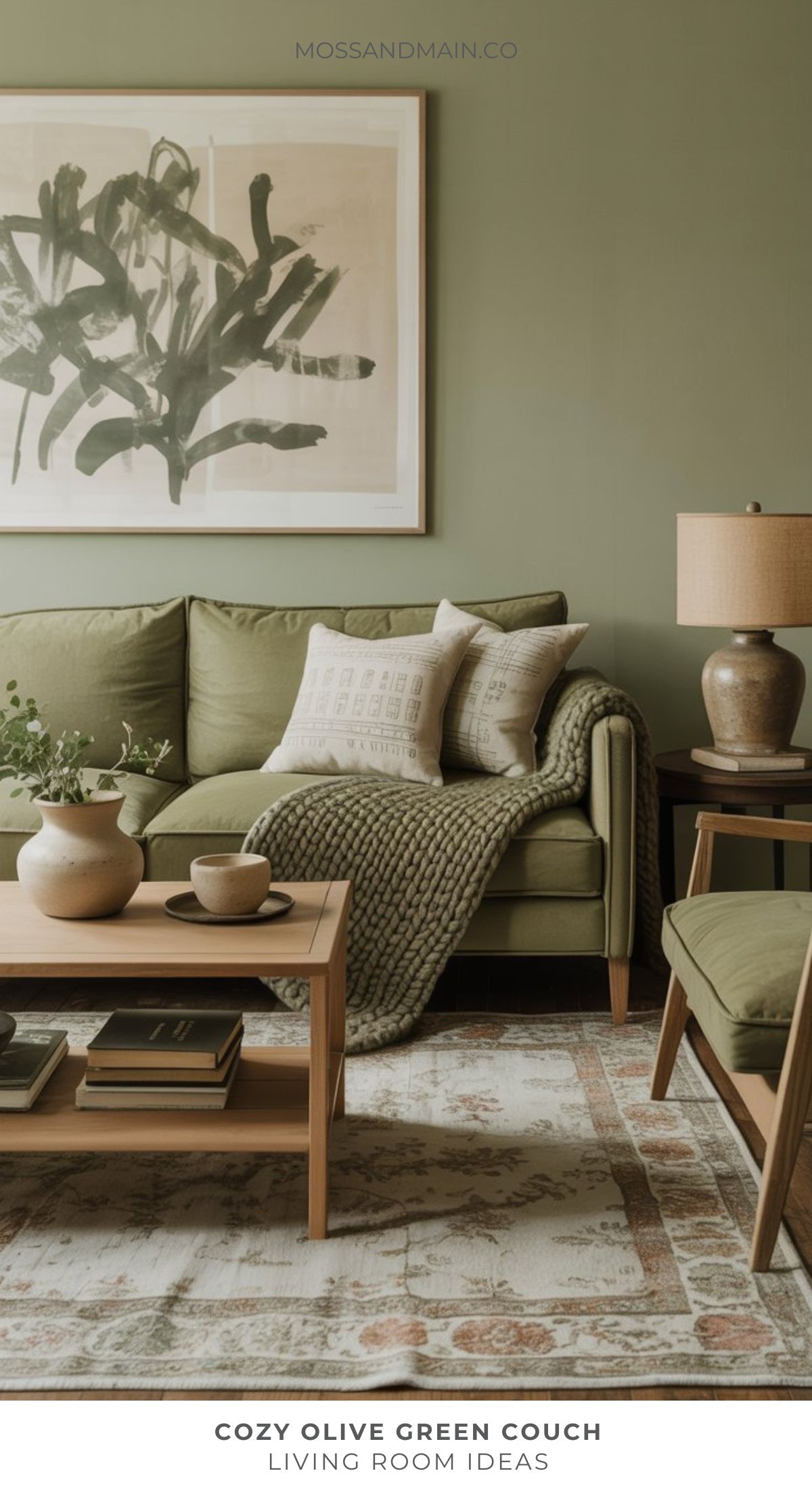 A cozy living room featuring an olive green sofa, patterned pillows, a knitted throw, wooden coffee table with decor, a table lamp, and green walls with botanical artwork—perfect for fresh living room ideas and inspired interior design.