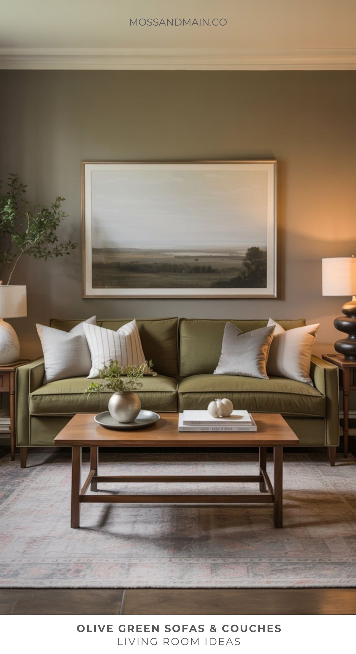 A stylish living room features an Olive Green Sofa with neutral throw pillows, a wooden coffee table adorned with decorative items, two table lamps, potted plants, and a large landscape artwork—perfect inspiration for those seeking fresh Living Room Ideas.