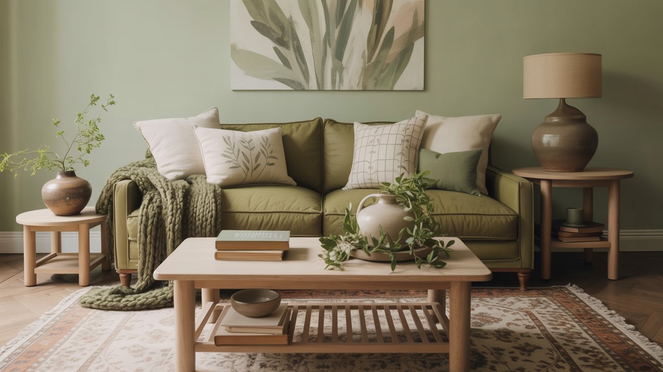 A cozy living room features an olive green sofa with patterned pillows and a knitted throw, a wooden coffee table with vases and books, a side table with a lamp, and leafy artwork on the pale green wall—perfect for fresh living room ideas from top designers.