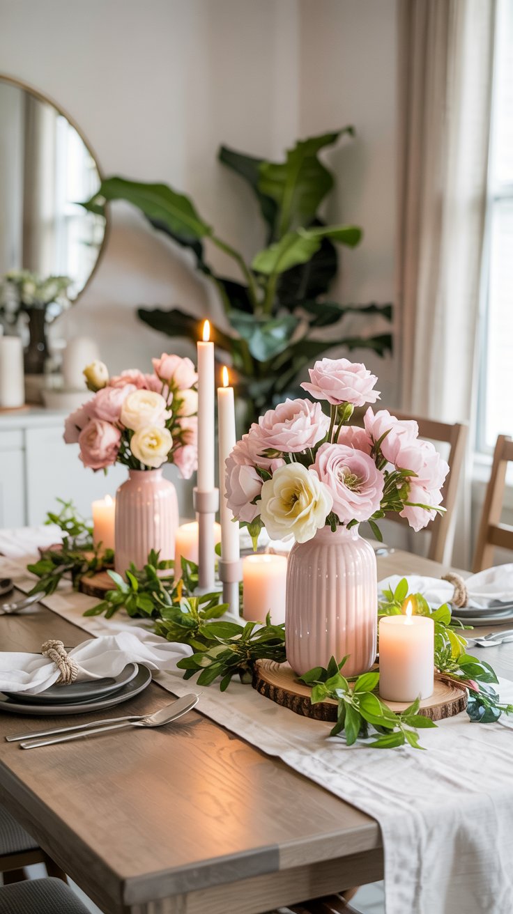 A dining table decorated with pink and white flower arrangements in vases, greenery, candles, and place settings—perfect for spring. Soft natural light fills the dining room, with a large plant and round mirror visible in the background.