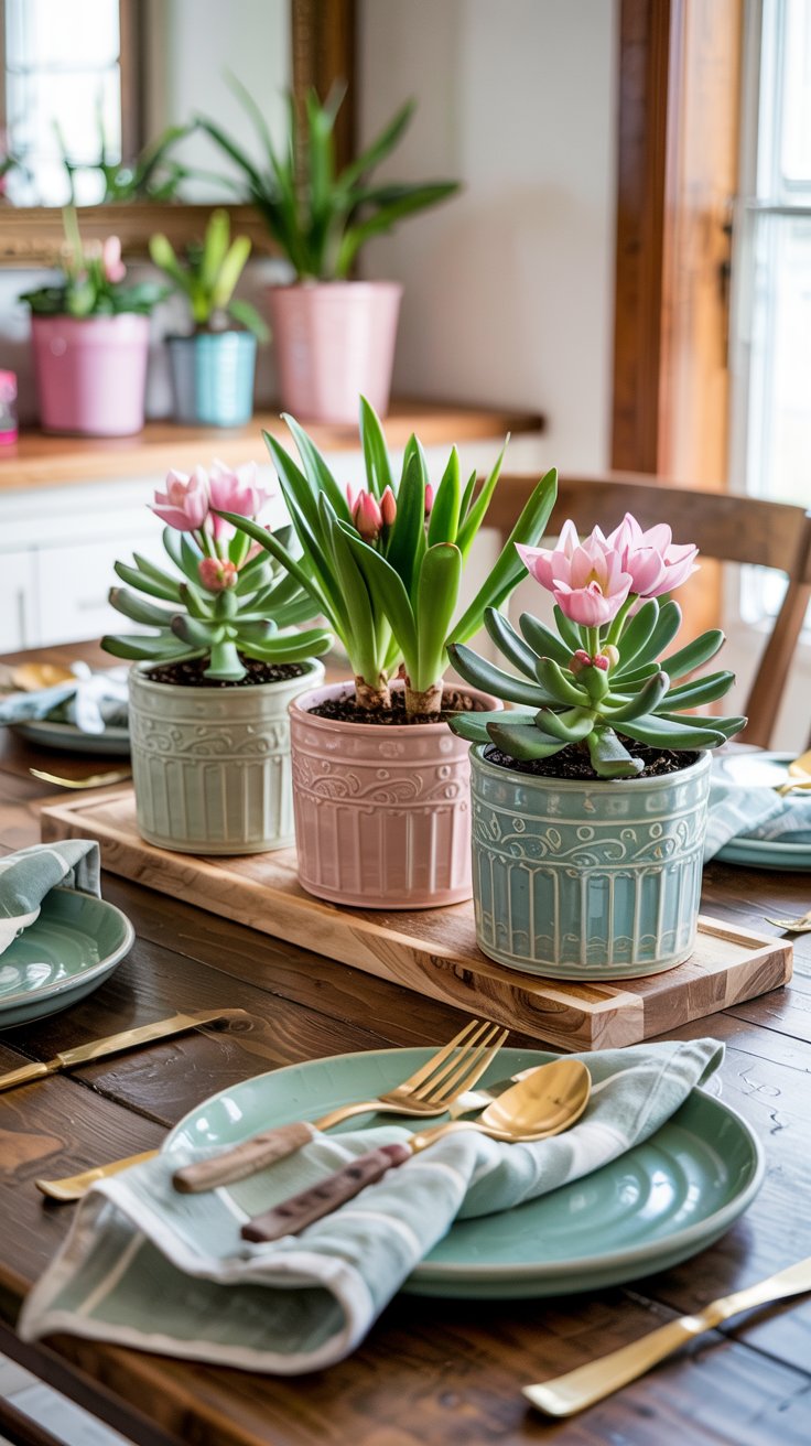 Three pastel-colored pots with pink succulents create a charming spring centerpiece on a dining room table set with green plates, cutlery, and cloth napkins. A window and more plants are visible in the background.