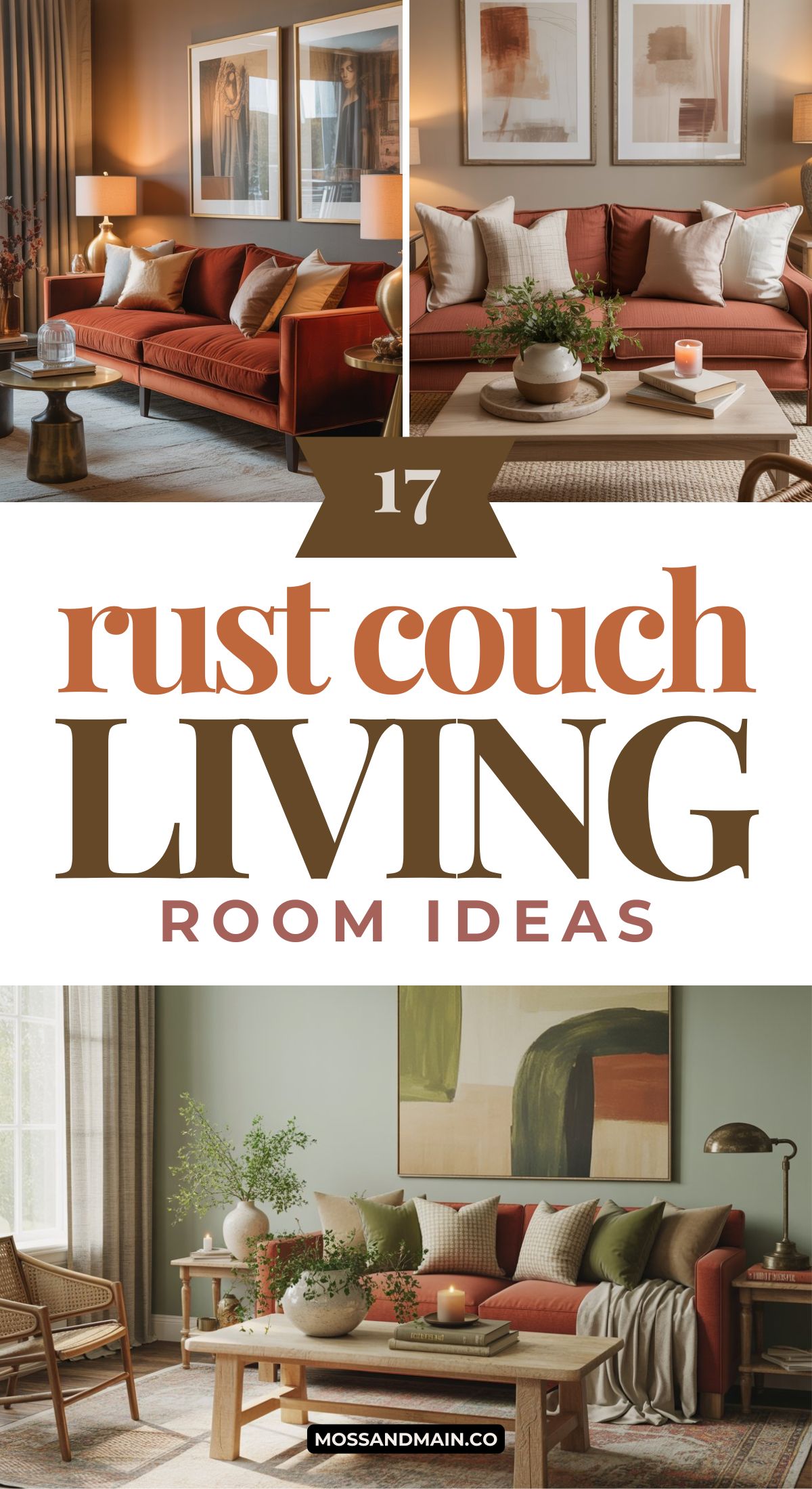 A collage of a living room featuring a stylish rust couch.