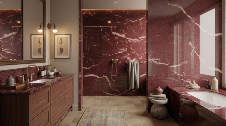 Luxurious red marble bathroom showcasing a bold bathroom trend: large mirror, double sink vanity, walk-in shower with gold fixtures, bathtub, ceramic decor, soft lighting, and two framed art pieces above the vanity.