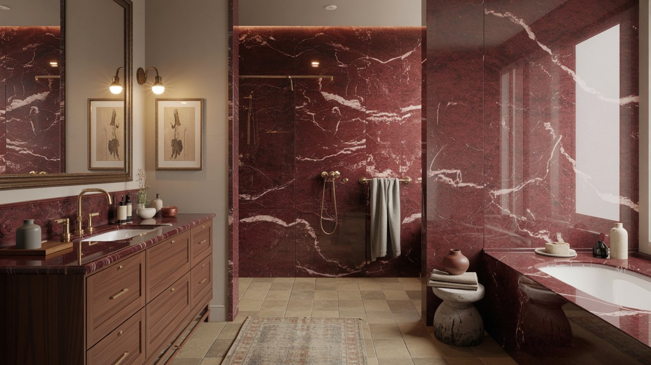 Luxurious red marble bathroom showcasing a bold bathroom trend: large mirror, double sink vanity, walk-in shower with gold fixtures, bathtub, ceramic decor, soft lighting, and two framed art pieces above the vanity.