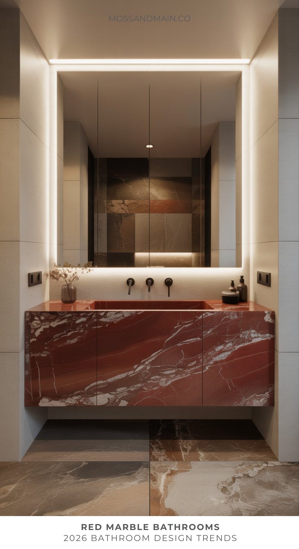 A modern bold bathroom features a striking red marble vanity with a matching sink, matte black fixtures, a large backlit mirror, neutral walls, and decorative touches—showcasing an exciting 2026 bathroom trend.