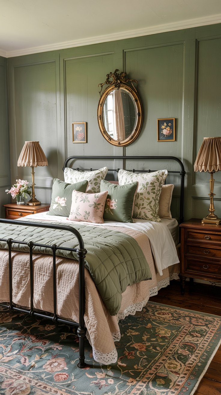 A cozy cottagecore bedroom with a metal bed frame, sage green and beige bedding, floral pillows, wooden nightstands, matching lamps, a decorative rug, and a gold-framed oval mirror above the bed flanked by two small floral pictures.