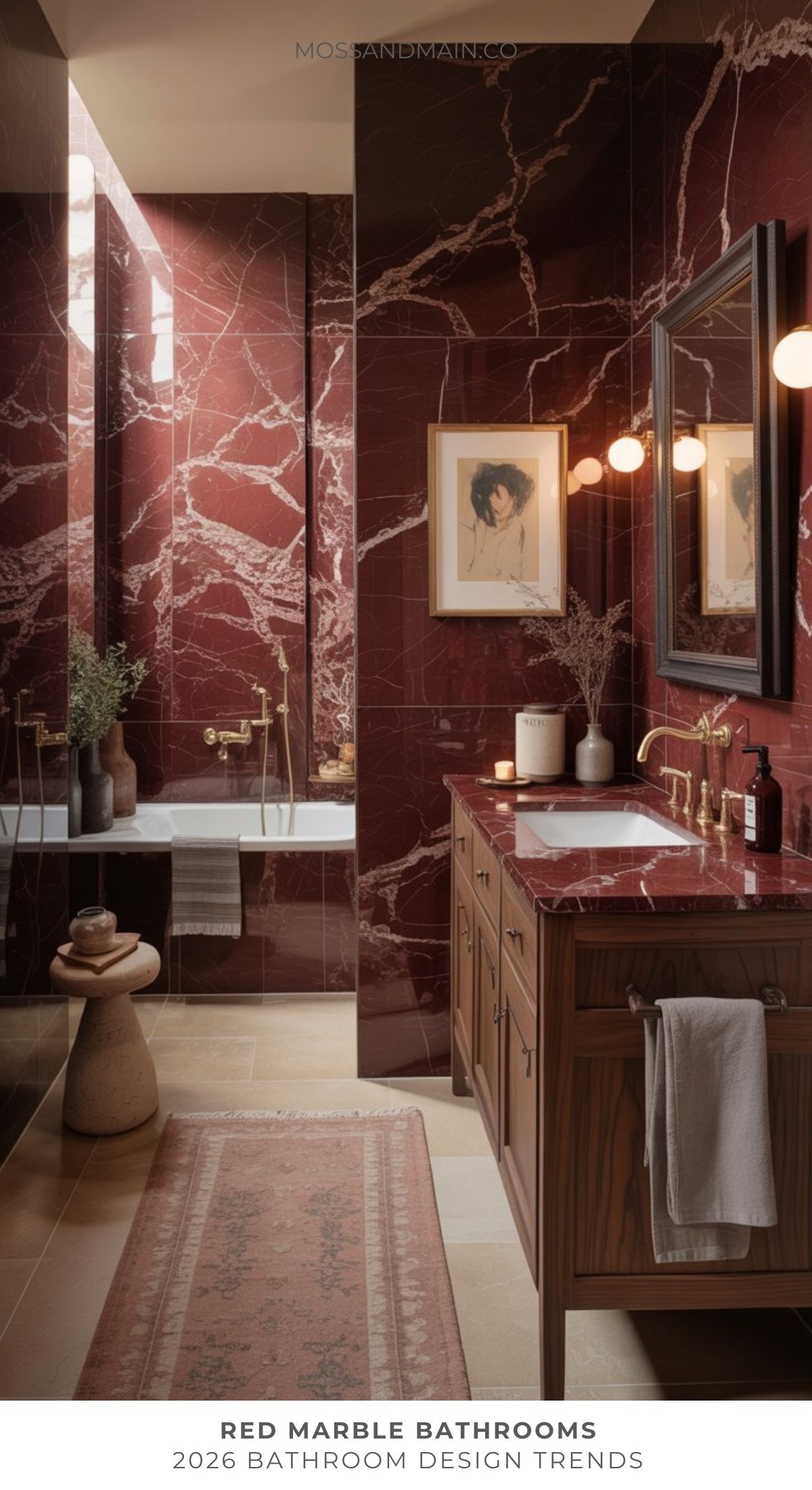 A luxurious red marble bathroom with striking walls and countertops, a wooden vanity, a red-patterned rug, bathtub, warm lighting, wall art, and minimal decor—blending modern elegance for a bold bathroom trend.