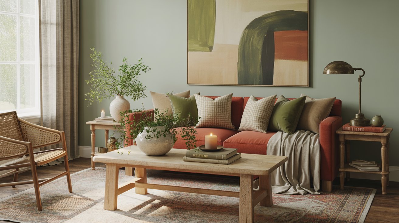 A cozy rust sofa anchors this living room, accented by green and plaid pillows, a wooden coffee table with candles and plants, a rattan chair, side tables, and abstract wall art. Sunlight streams through a tall window.