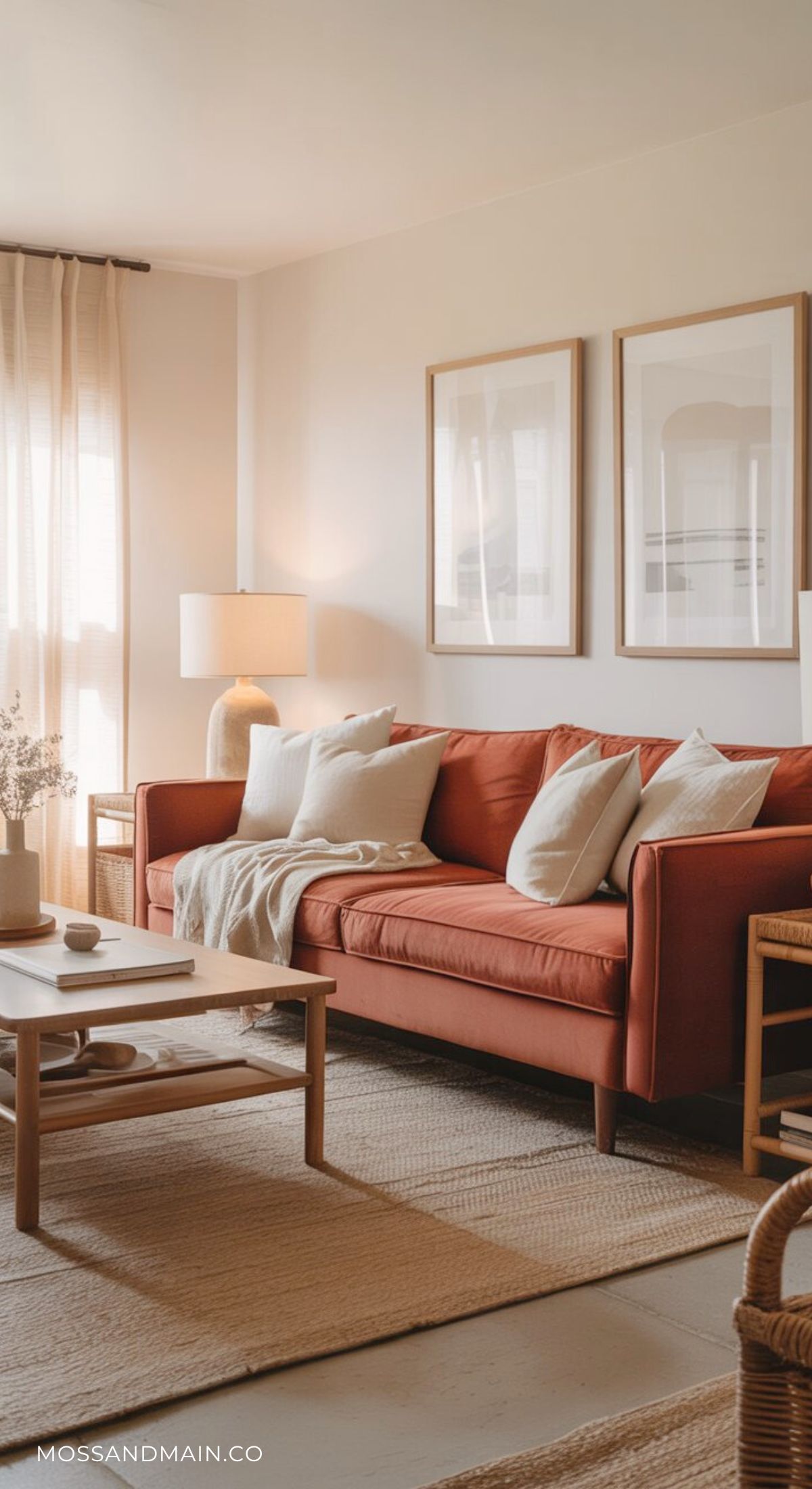 A cozy rust couch living room features a rust-colored sofa, light throw pillows, a wooden coffee table, and neutral decor. Soft natural light filters through sheer curtains, with two framed artworks elegantly displayed above the sofa.