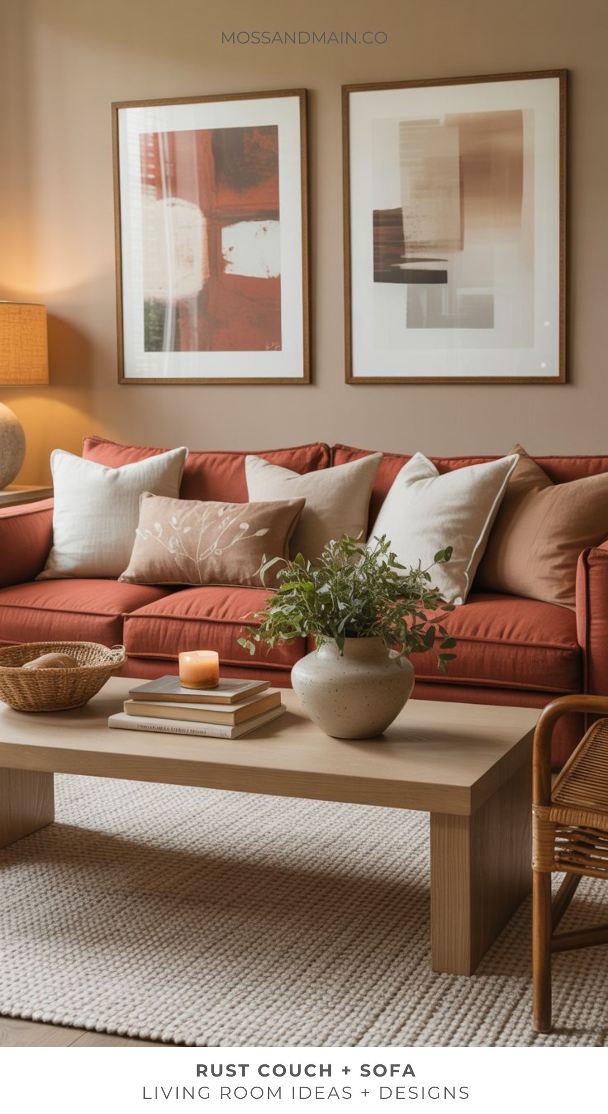 Elevate boring spaces with fresh living room ideas—a rust couch and a vibrant vase of plants create a warm, inviting atmosphere.