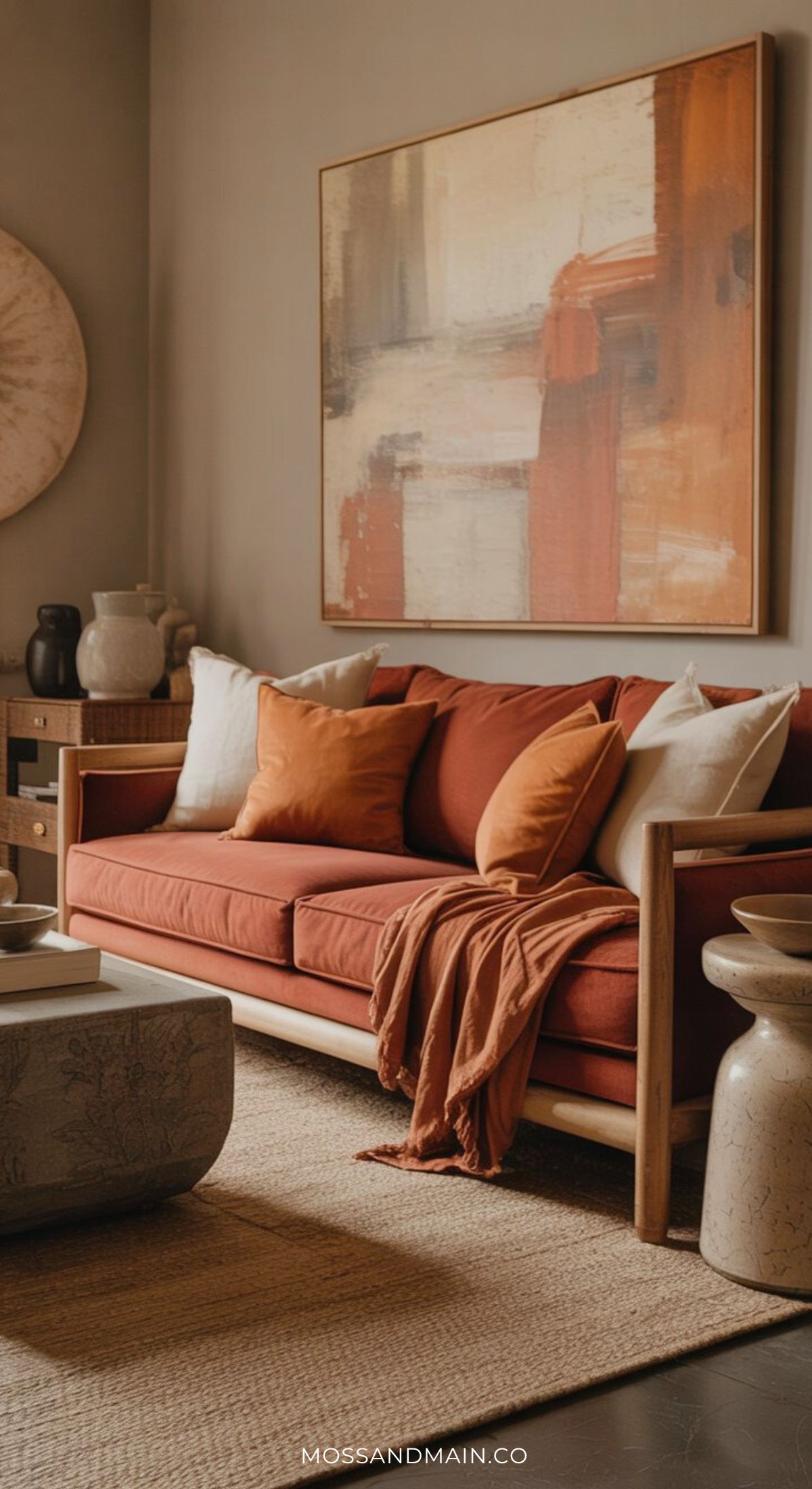 A cozy rust couch living room featuring a rust-colored sofa, neutral and white pillows, a beige throw, a large abstract painting, ceramic vases, a textured rug, and a sleek stone coffee table.