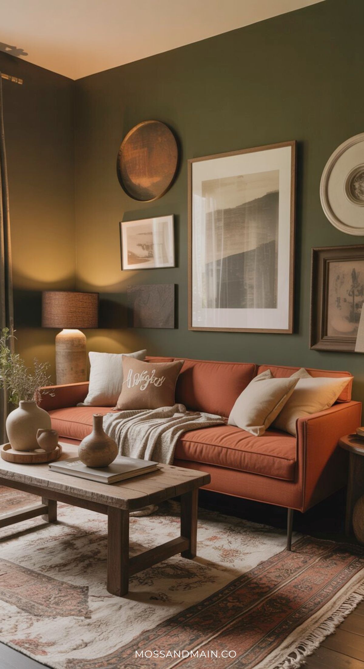 A cozy rust couch living room features a rust-colored sofa, neutral pillows, and a beige throw, set against dark green walls adorned with framed art. A wooden coffee table with vases and a patterned rug complete the warm, inviting space.