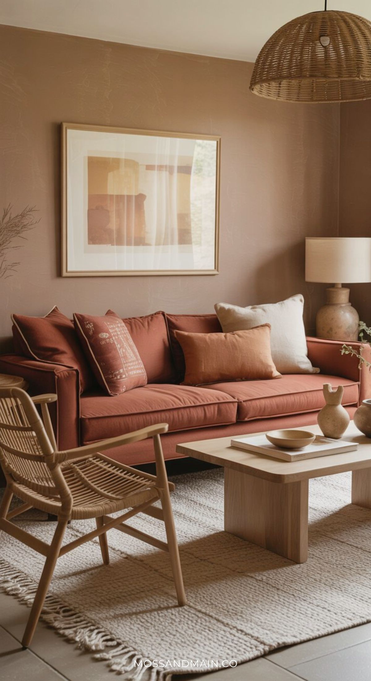 A cozy rust couch living room with beige and white pillows, a woven chair, wooden coffee table, ceramic lamp, and wall art. The decor features earthy tones and natural textures—perfect for those seeking stylish living room ideas.