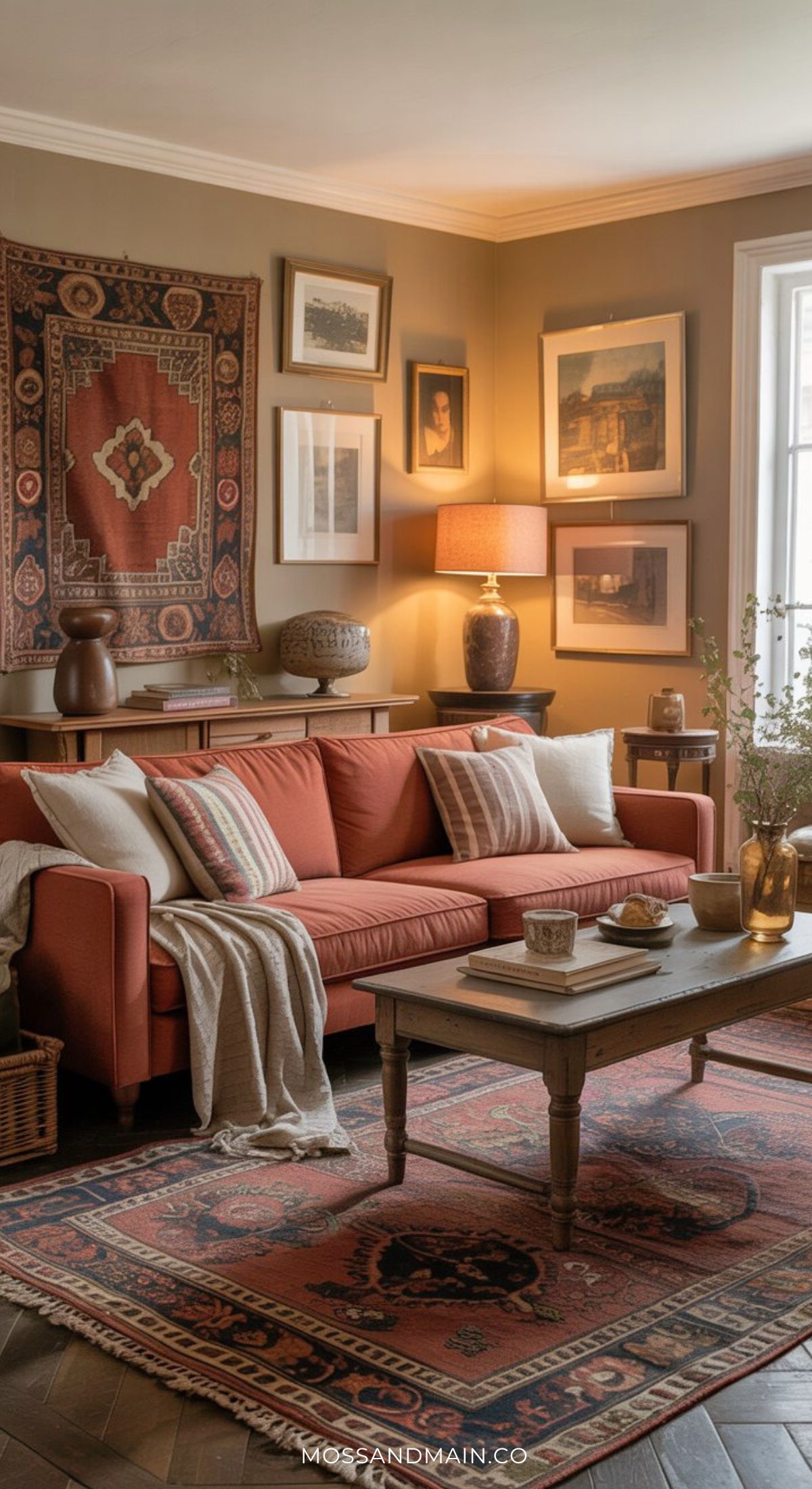 A cozy rust couch living room features a rust-colored sofa, patterned rugs, and a coffee table. Wall art and a tapestry hang above the sofa, while a lamp and decorative objects add warmth as natural light streams through a window.