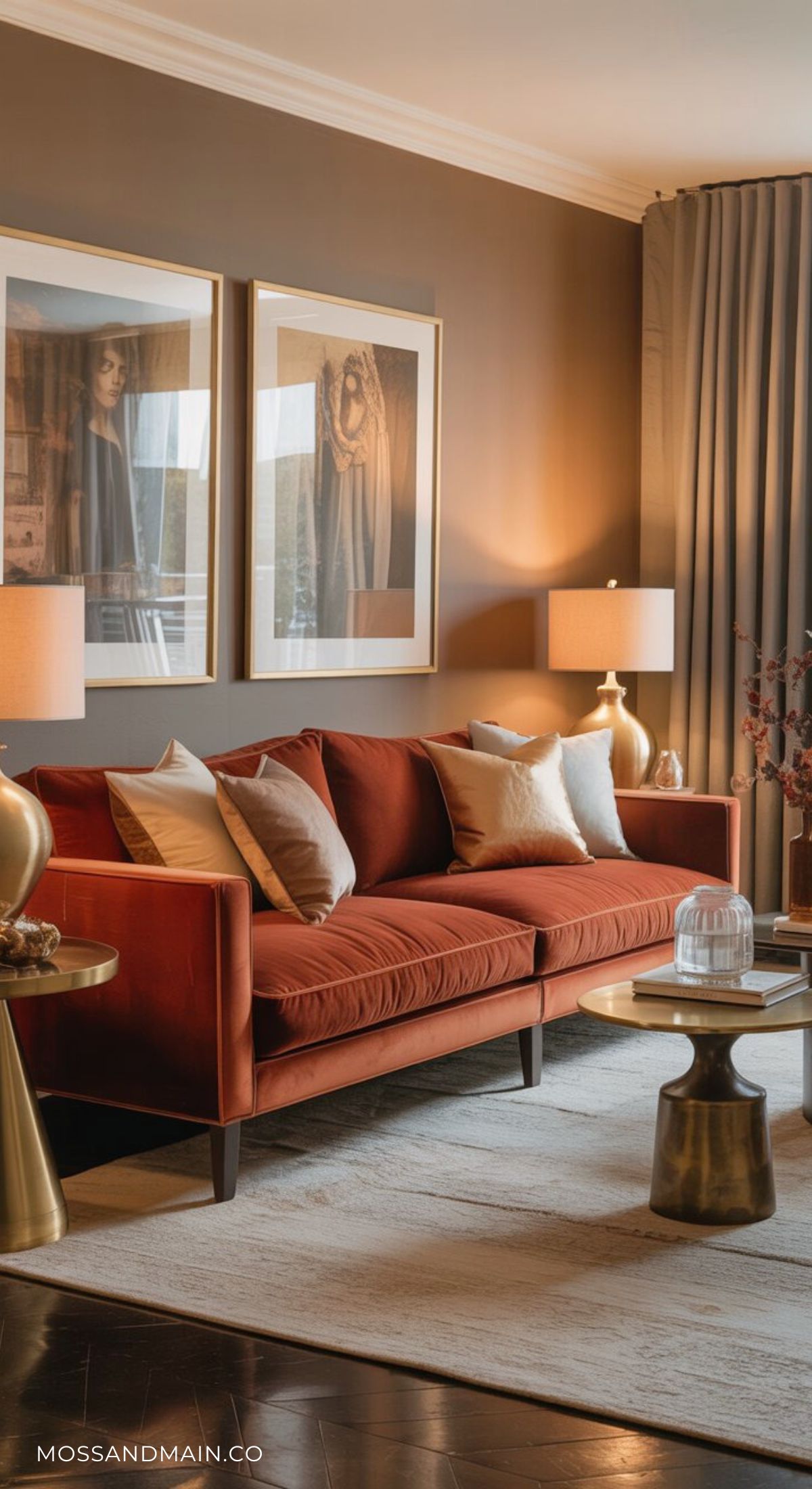 A cozy rust sofa living room with a velvet rust-colored sofa, beige and gold accent pillows, two round side tables, matching lamps, framed art on the wall, and floor-length curtains. Warm lighting creates a welcoming atmosphere.