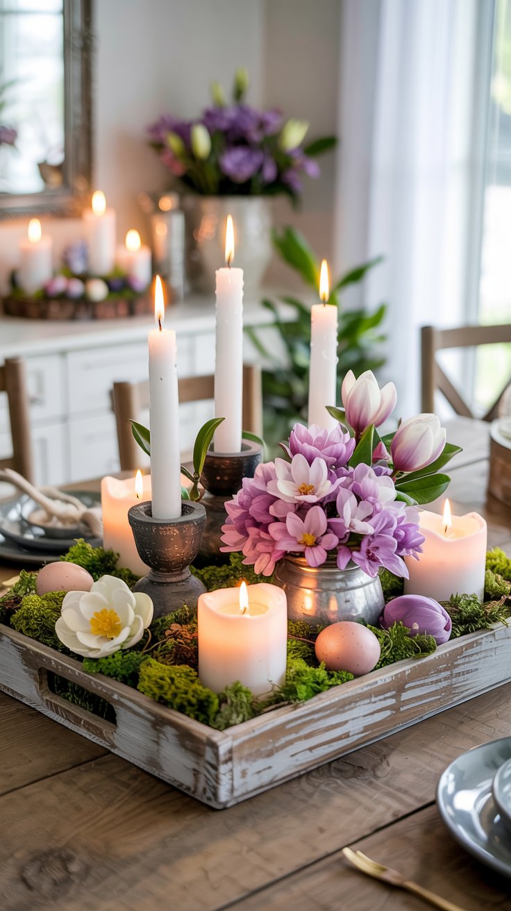 A wooden tray with lit white candles, purple flowers, greenery, and pastel Easter eggs creates a charming Easter centerpiece idea for your dining room. More candles, flowers, and tableware are visible in the softly lit background.