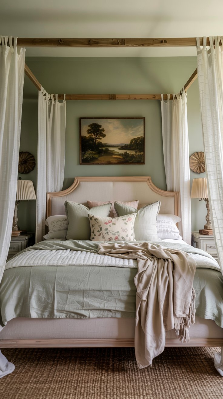 A cozy cottagecore bedroom with a four-poster bed draped in white curtains, sage green walls, layered bedding, decorative pillows, a beige throw blanket, lamps on bedside tables, and a landscape painting above the headboard.