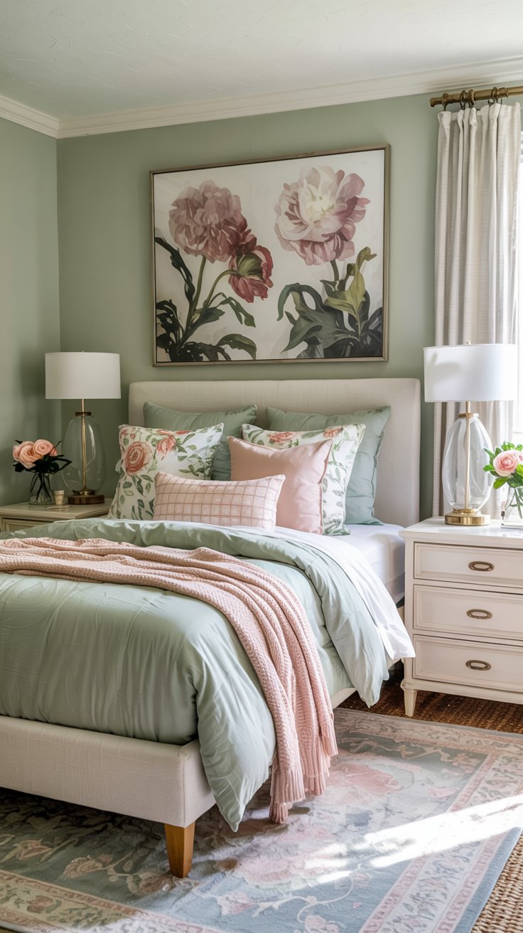 A cozy cottagecore bedroom with a soft green and blush color scheme, featuring a bed with floral pillows and blankets, a floral painting above the headboard, white nightstands, table lamps, and vases with pink flowers.