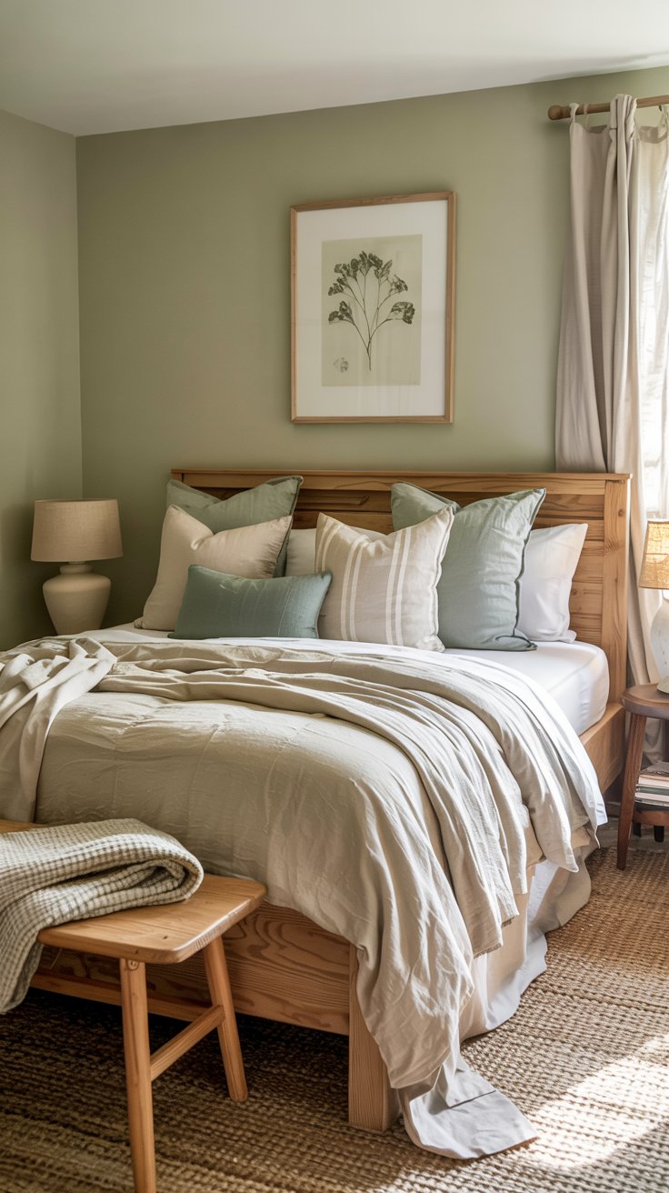 Cozy cottagecore bedroom with a wooden bed frame, neutral bedding, green and white pillows, a small wooden bench, bedside tables with lamps, a jute rug, and a botanical print above the bed. Light streams in from the window.