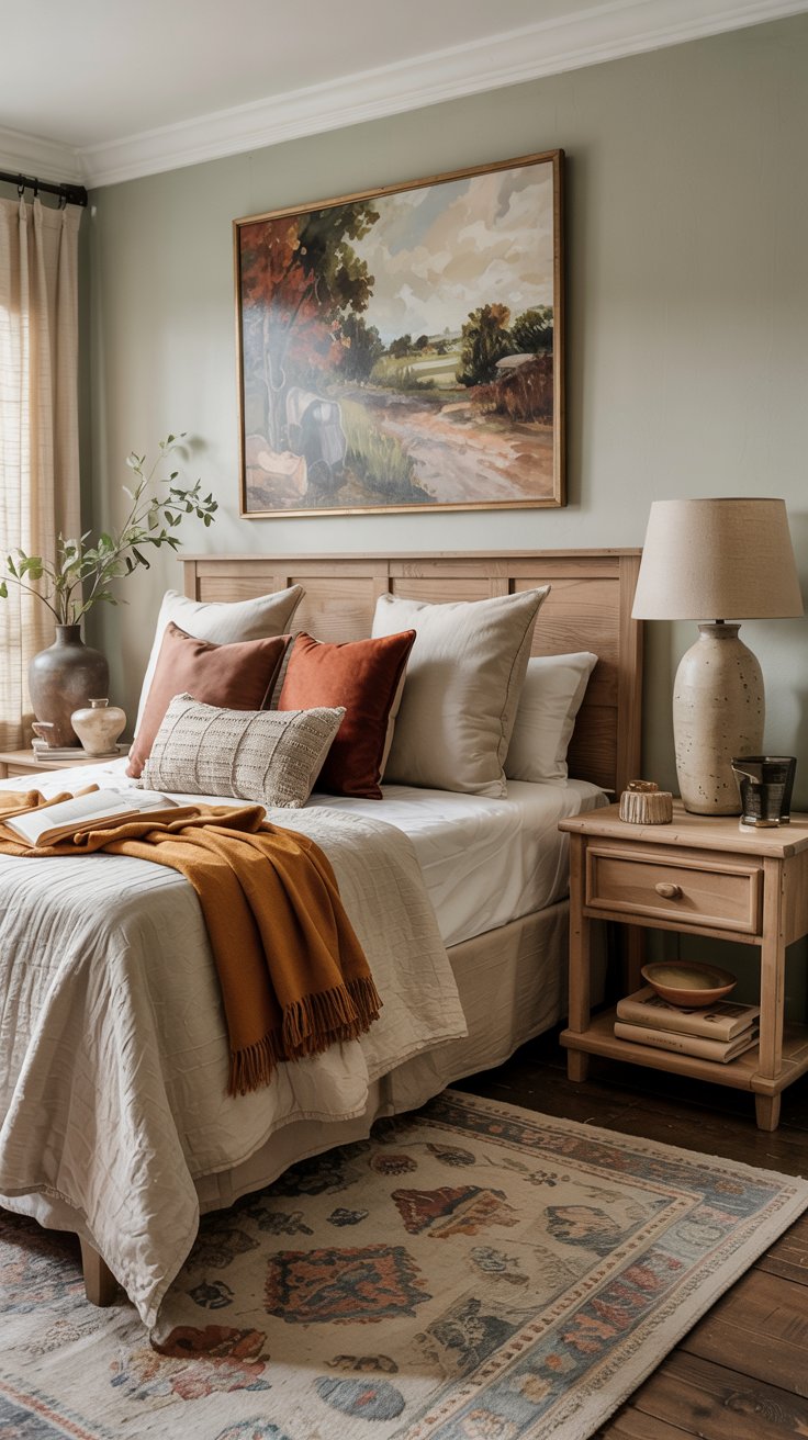 A cozy sage green cottagecore bedroom with a wooden bed, beige bedding, rust and cream pillows, and a mustard throw blanket. A large landscape painting hangs above the bed; a lamp and decor sit on a wooden nightstand beside it.