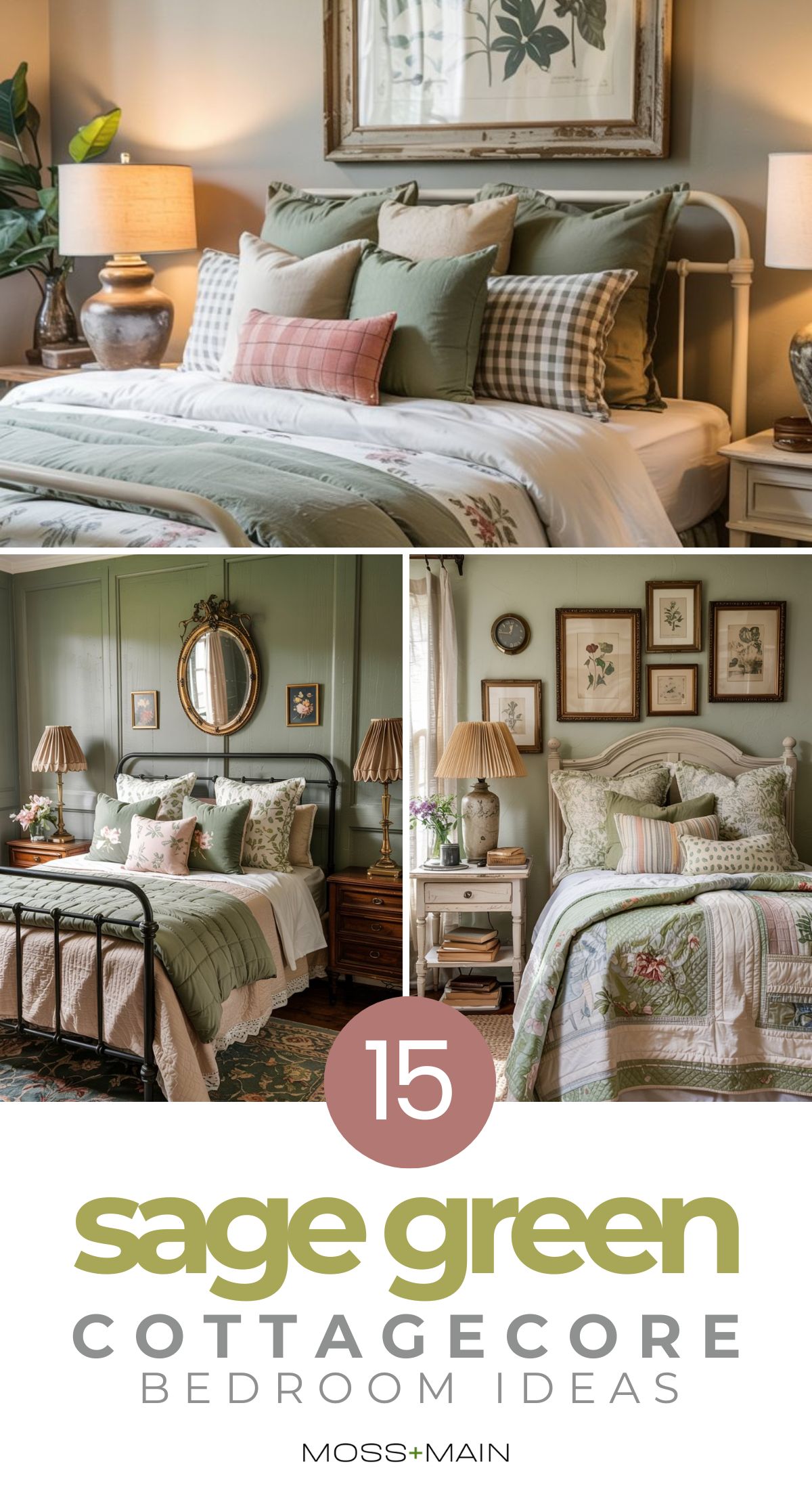 Collage of sage green cottagecore bedroom ideas featuring vintage-style beds, floral bedding, checkered pillows, classic lamps, and botanical artwork. Text reads: 15 Sage Green Cottagecore Bedroom Ideas for a dreamy retreat. MOSS+MAIN.